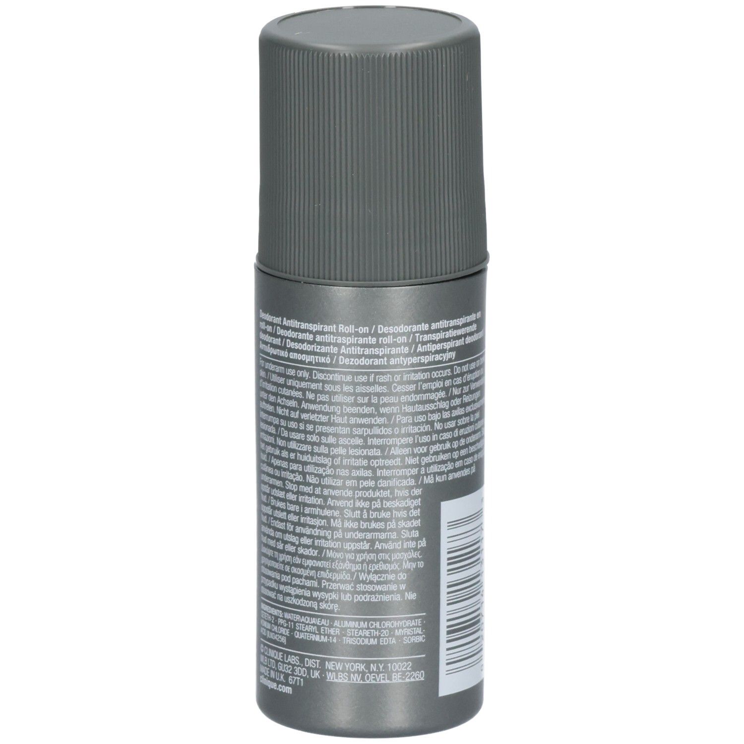 Seitenansicht des Clinique For Men Antiperspirant-Deodorant Roll-ons mit detaillierten Anwendungshinweisen.