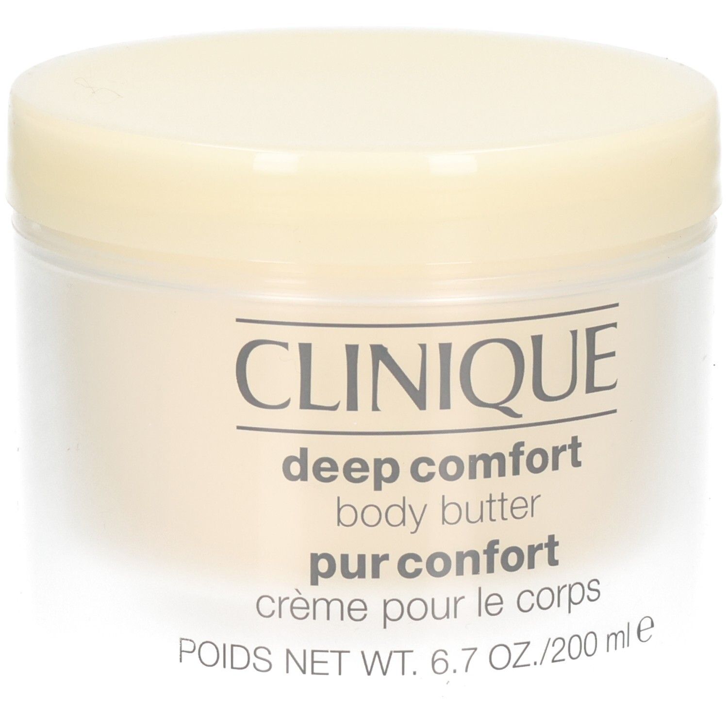 Cremebehälter mit Deckel. Aufschrift: CLINIQUE, deep comfort body butter, pur confort, crème pour le corps.
