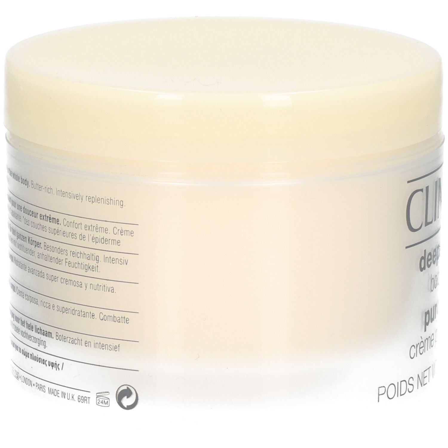 Cremebehälter, Seitenansicht. Aufschrift: CLINIQUE, deep comfort body butter, pur confort, crème pour le corps.