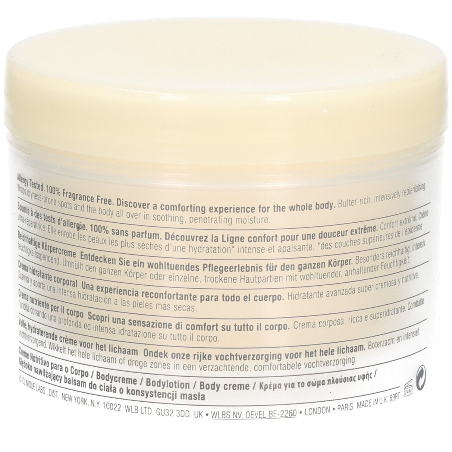 Cremebehälter, Rückseite. Text: Allergy Tested. 100% Fragrance Free. Discover a comforting experience.