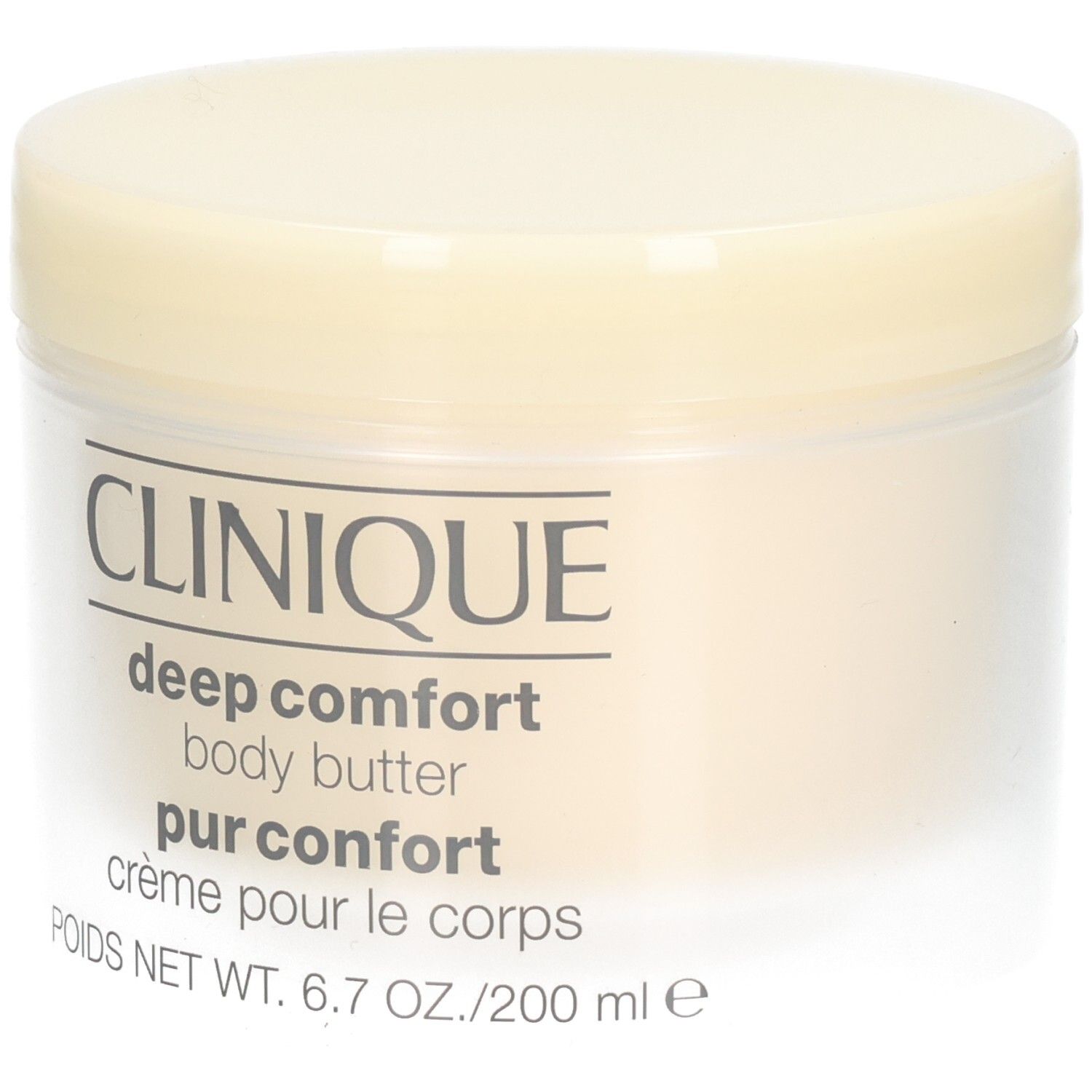 Cremebehälter mit Deckel. Aufschrift: CLINIQUE, deep comfort body butter, pur confort, crème pour le corps.