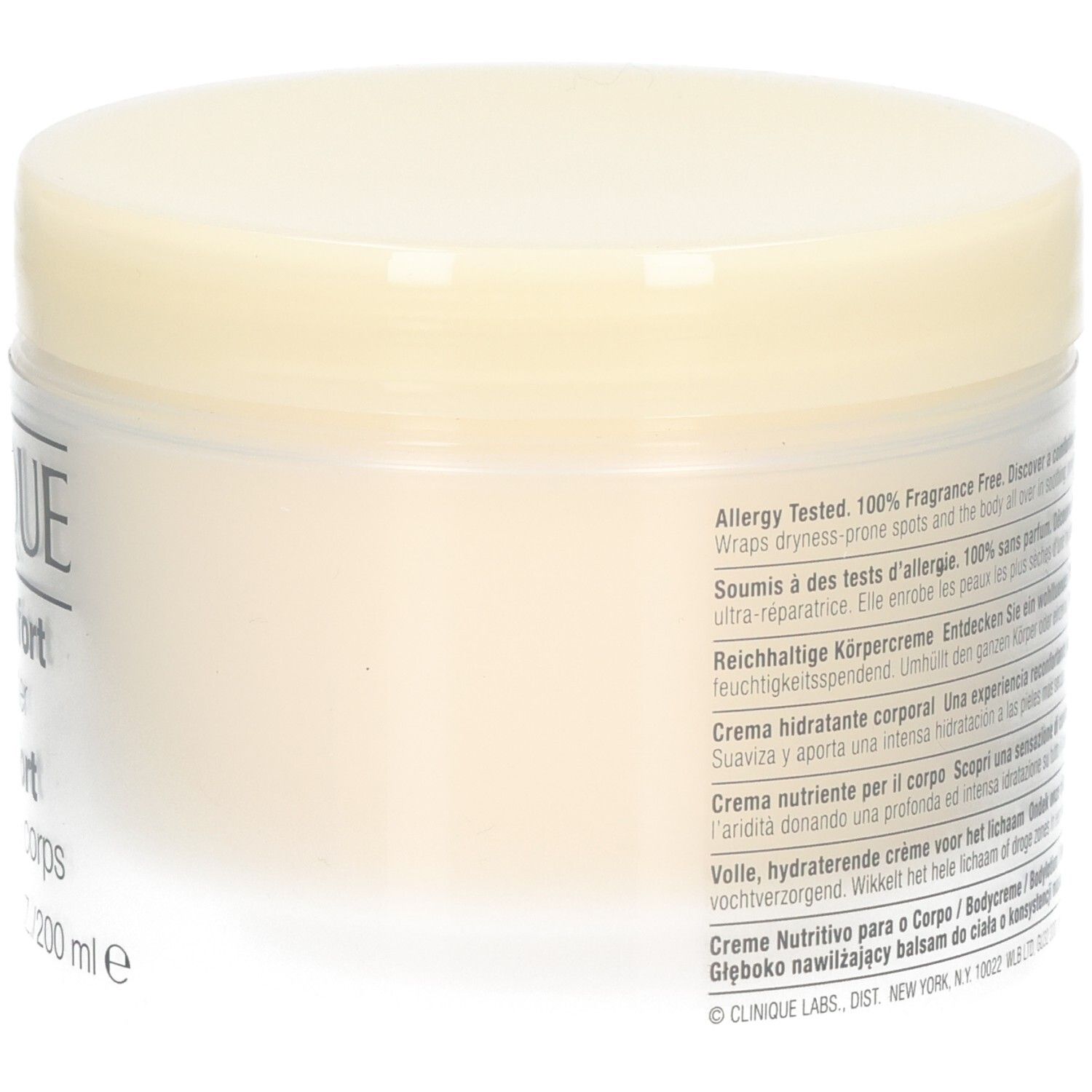 Cremebehälter, Seitenansicht. Aufschrift: CLINIQUE, deep comfort body butter, pur confort, crème pour le corps.