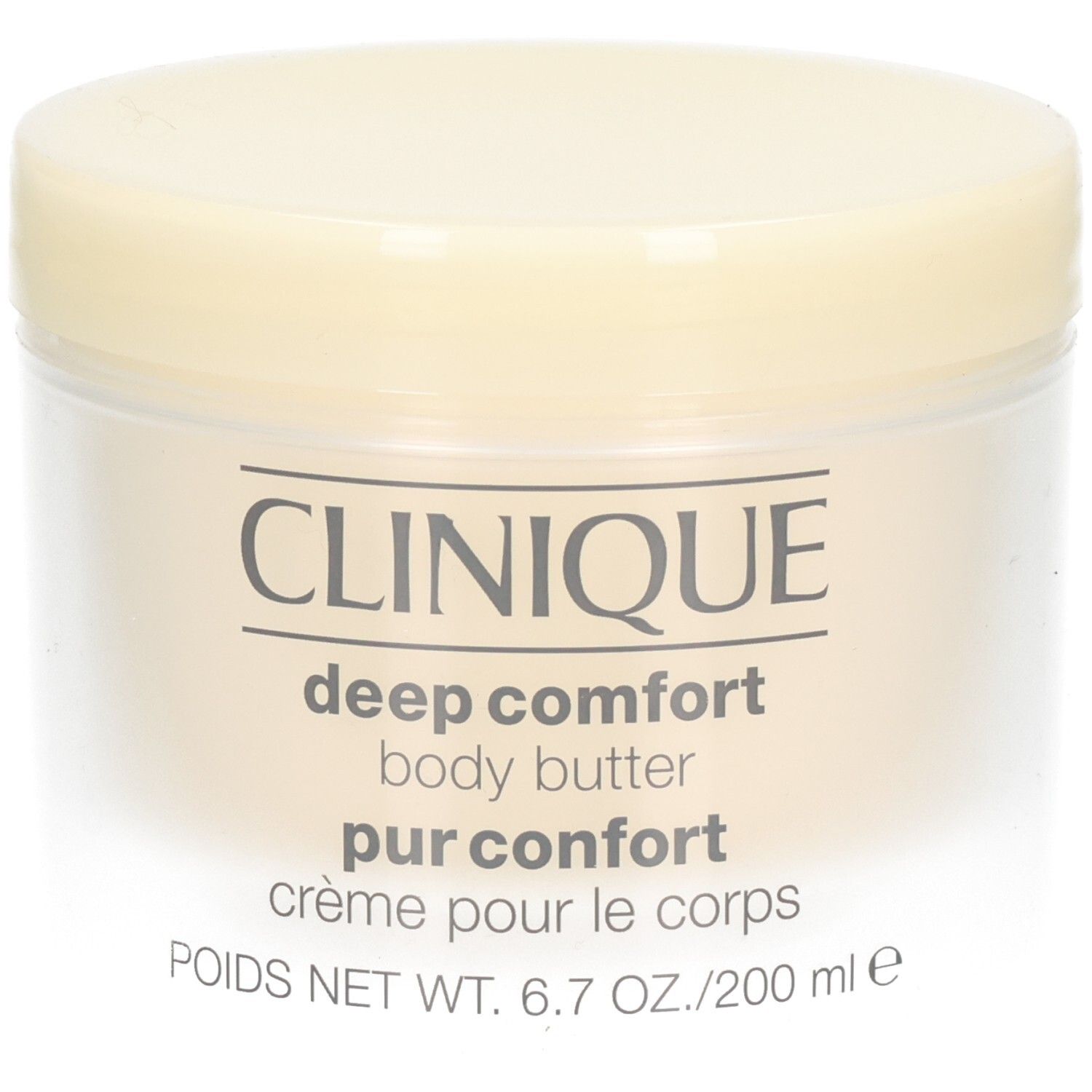 Cremebehälter mit Deckel. Aufschrift: CLINIQUE, deep comfort body butter, pur confort, crème pour le corps.