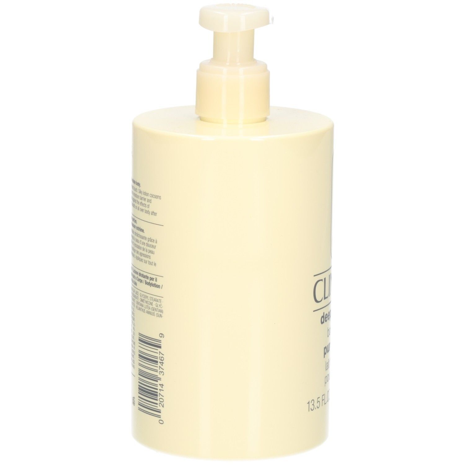 Beige Flasche mit Pumpe. Rückseite mit Text. Aufschrift: Clinique, deep comfort body lotion pur confort, lait hydratant pour le corps.