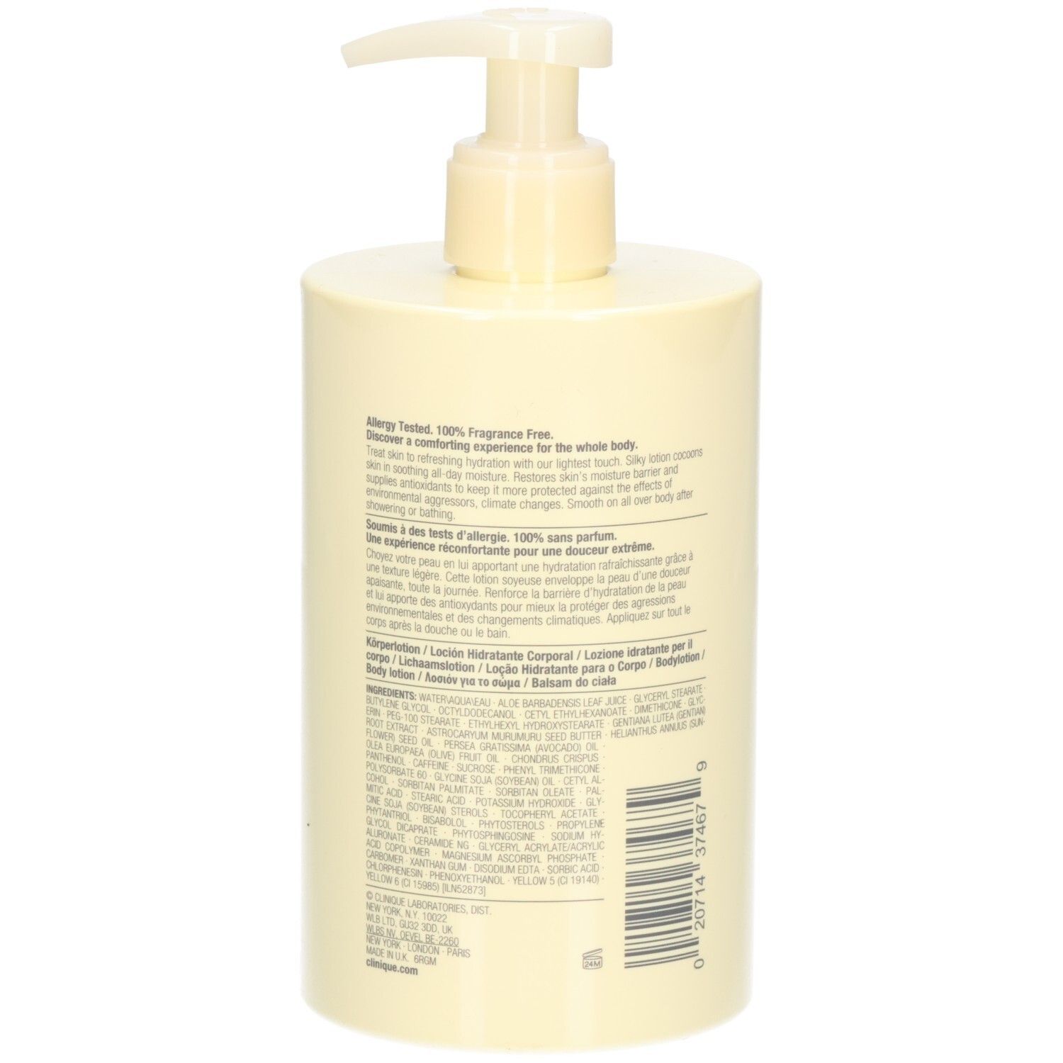 Beige Flasche mit Pumpe. Rückseite mit Text. Aufschrift: Clinique, deep comfort body lotion pur confort, lait hydratant pour le corps.