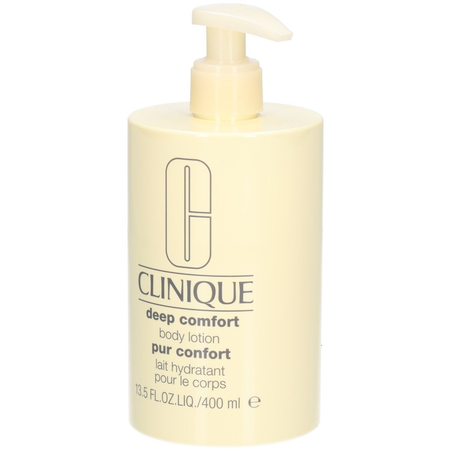 Beige Flasche mit Pumpe. Aufschrift: Clinique, deep comfort body lotion pur confort, lait hydratant pour le corps. 13.5 FL.OZ.LIQ./400 ml e.