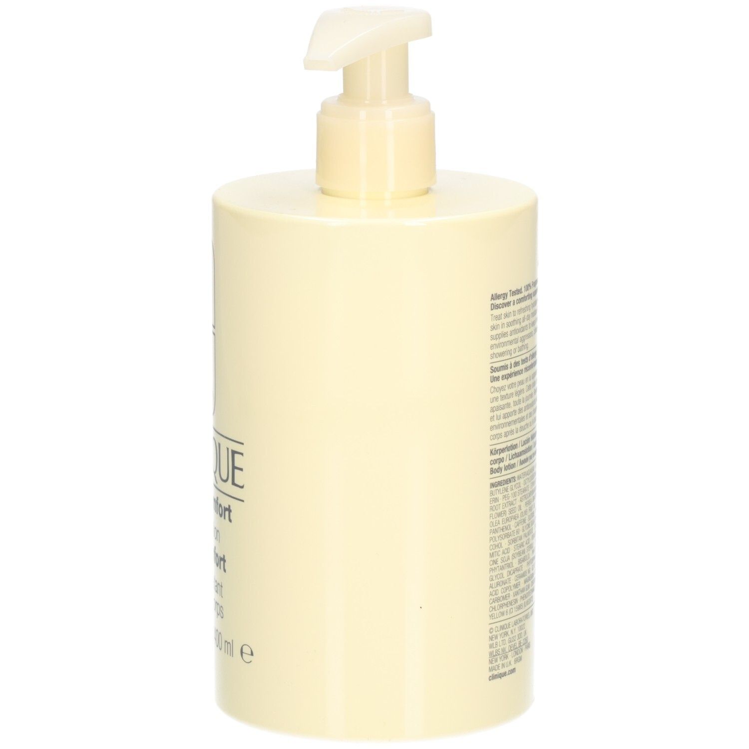 Beige Flasche mit Pumpe. Aufschrift: Clinique, deep comfort body lotion pur confort, lait hydratant pour le corps. 13.5 FL.OZ.LIQ./400 ml e.