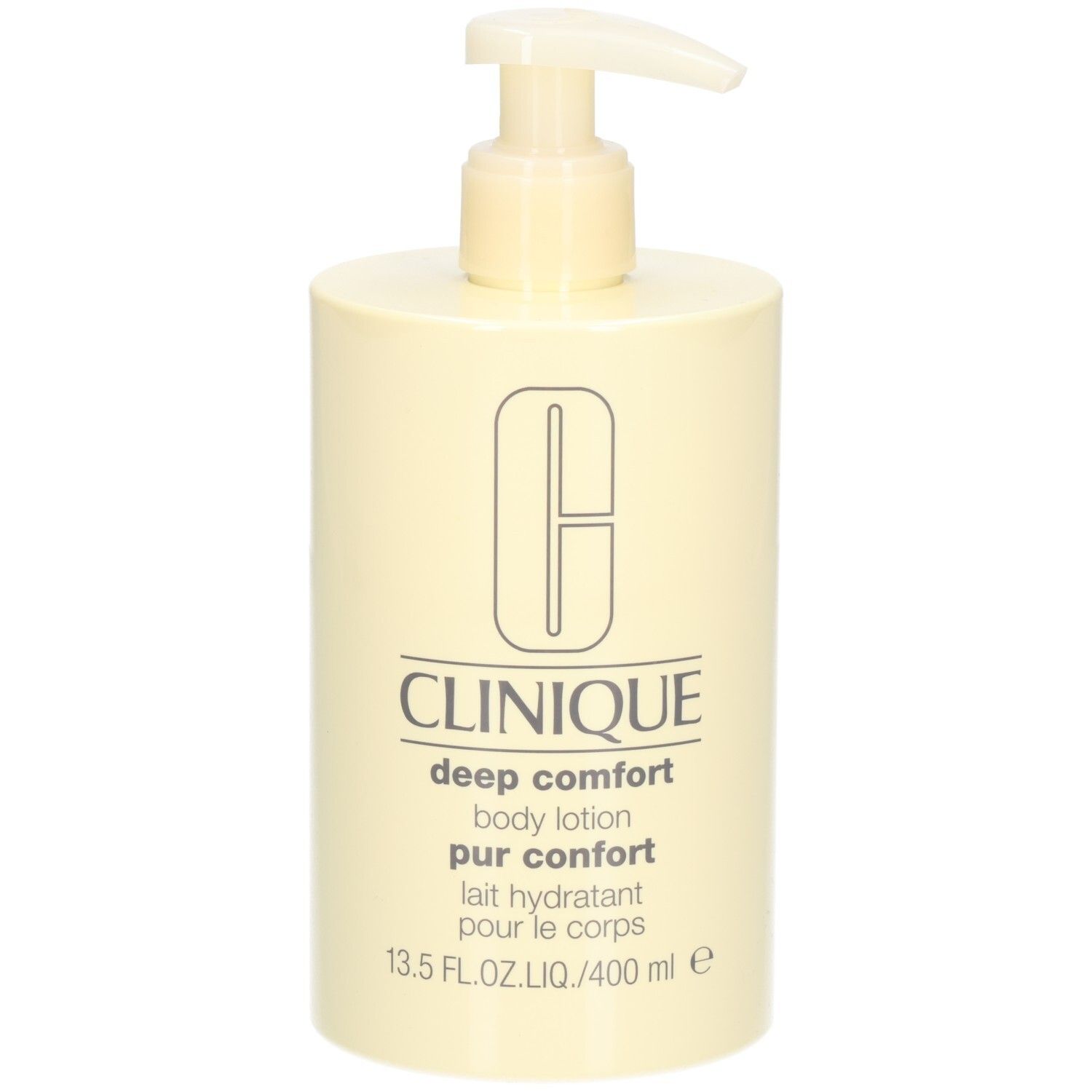 Beige Flasche mit Pumpe. Aufschrift: Clinique, deep comfort body lotion pur confort, lait hydratant pour le corps. 13.5 FL.OZ.LIQ./400 ml e.