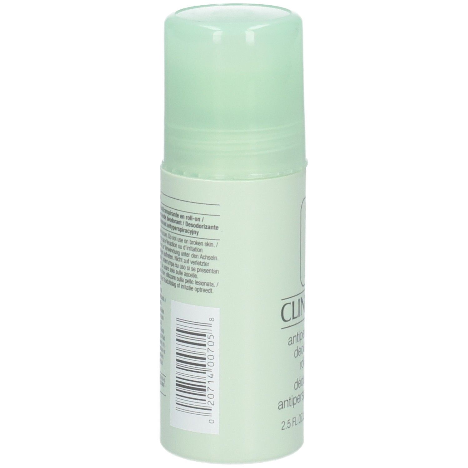 Rückansicht des Roll-on-Antitranspirants von Clinique. Barcode und Text auf weißem Hintergrund.
