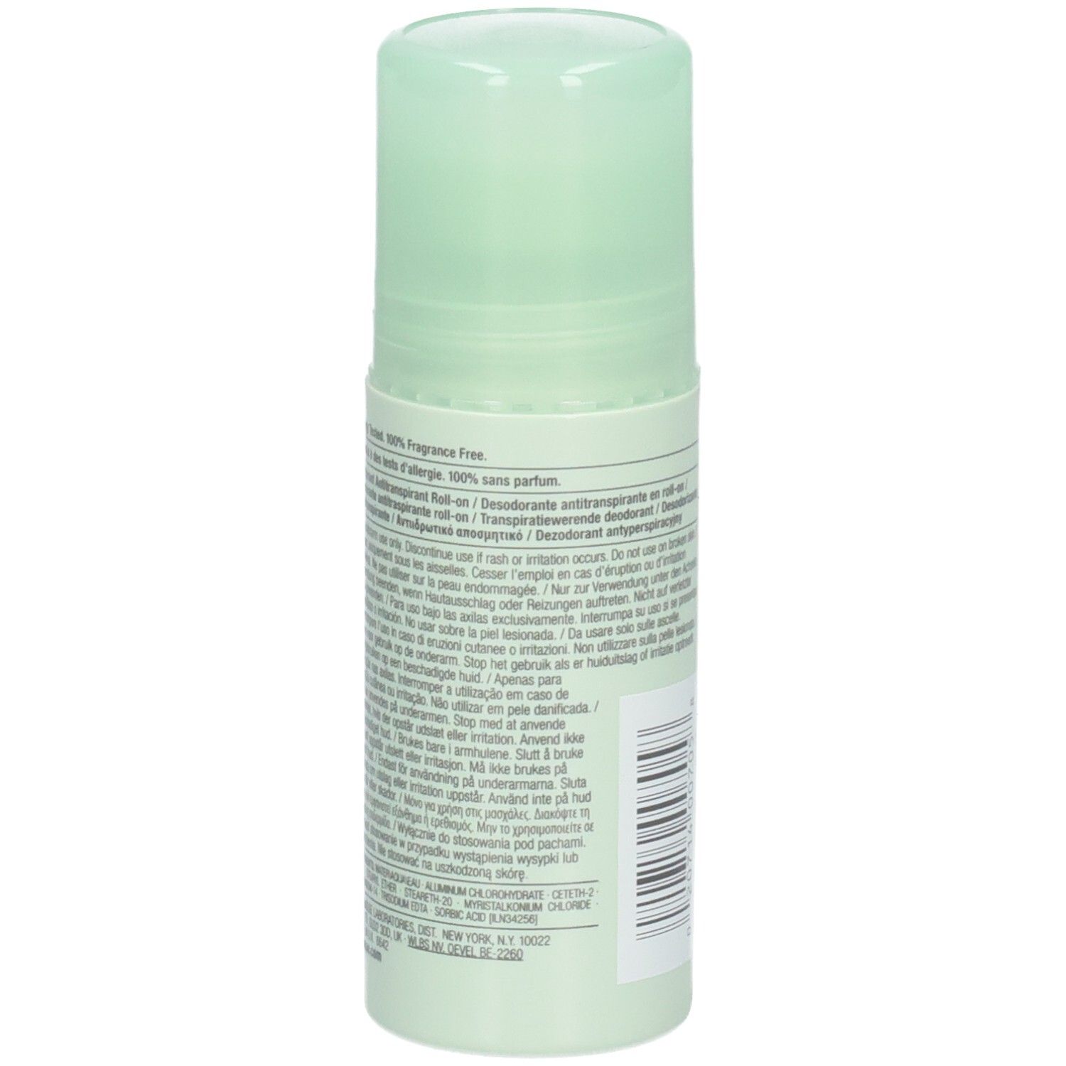 Nahaufnahme der Rückseite des Roll-on-Antitranspirants. Text in verschiedenen Sprachen auf weißem Hintergrund.