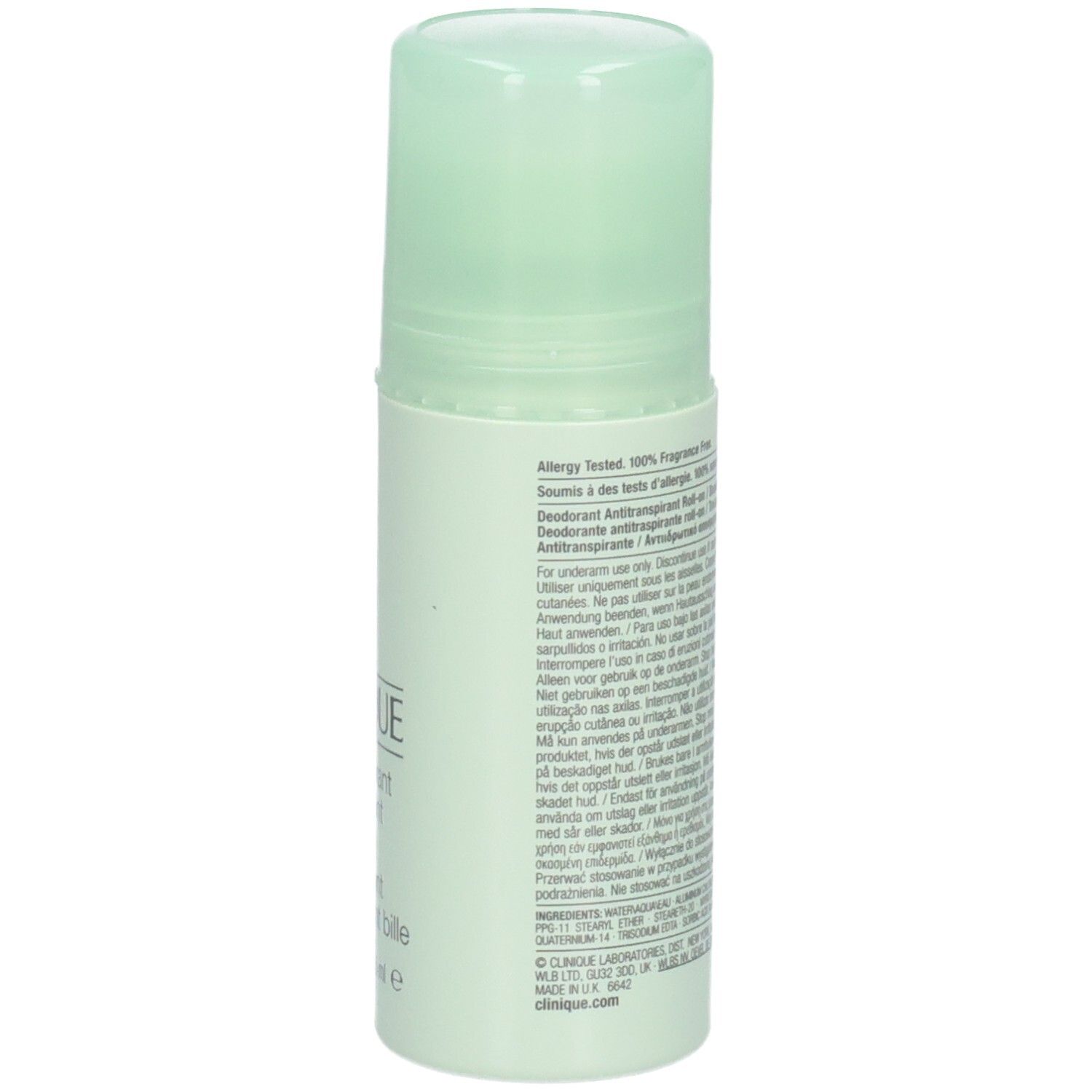 Rückansicht des Roll-on-Antitranspirants von Clinique. Text auf weißem Hintergrund.