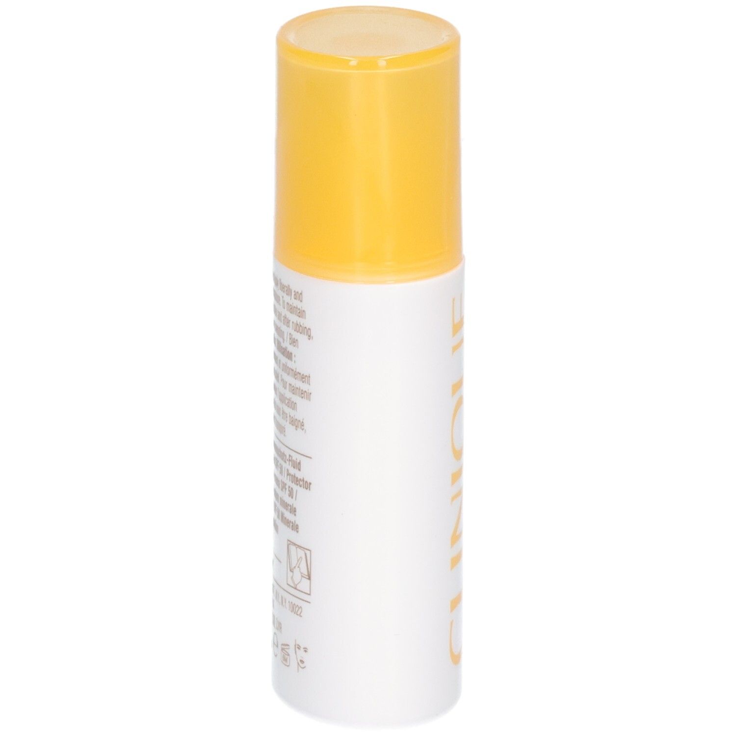 Weiß-gelbe Flasche mit Text. Text: CLINIQUE, mineral sunscreen fluid for face, SPF 50. Gelber Deckel.