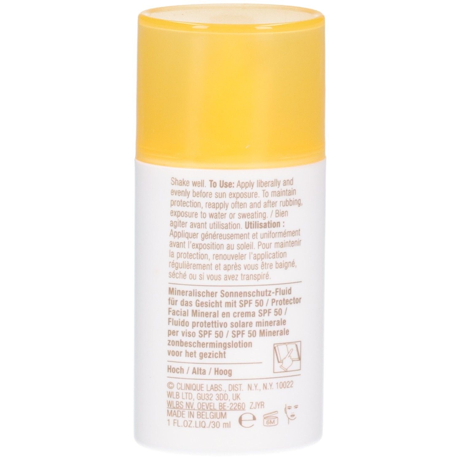 Weiß-gelbe Flasche mit Text. Text: CLINIQUE, mineral sunscreen fluid for face, SPF 50. Gelber Deckel.