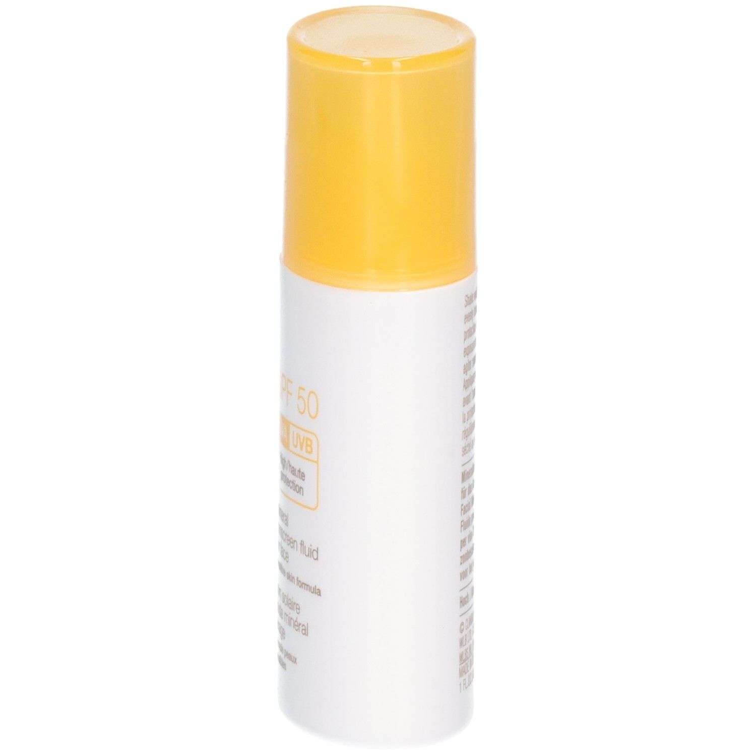 Weiß-gelbe Flasche mit Text. Text: CLINIQUE, mineral sunscreen fluid for face, SPF 50. Gelber Deckel.