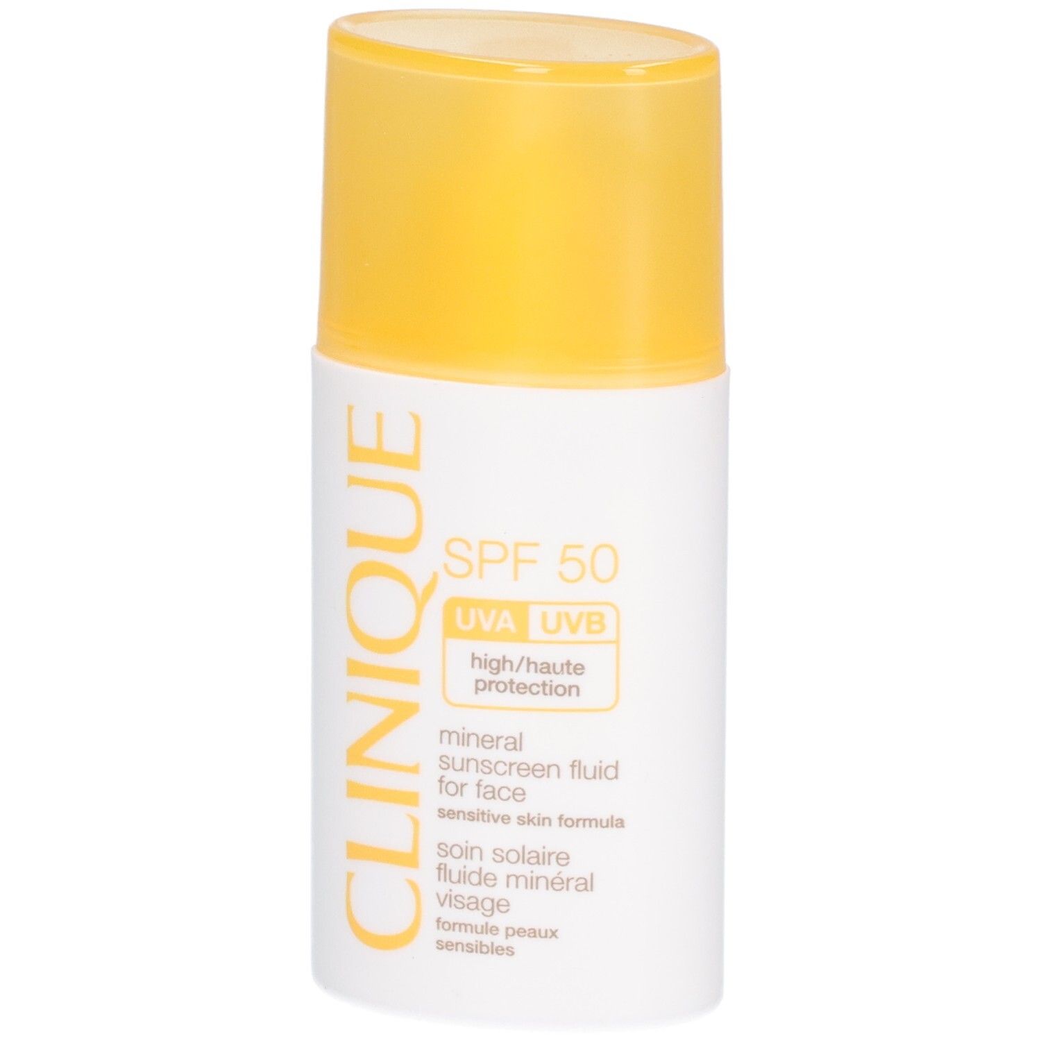 Weiß-gelbe Flasche mit SPF 50. Text: CLINIQUE, mineral sunscreen fluid for face, SPF 50. Gelber Deckel.