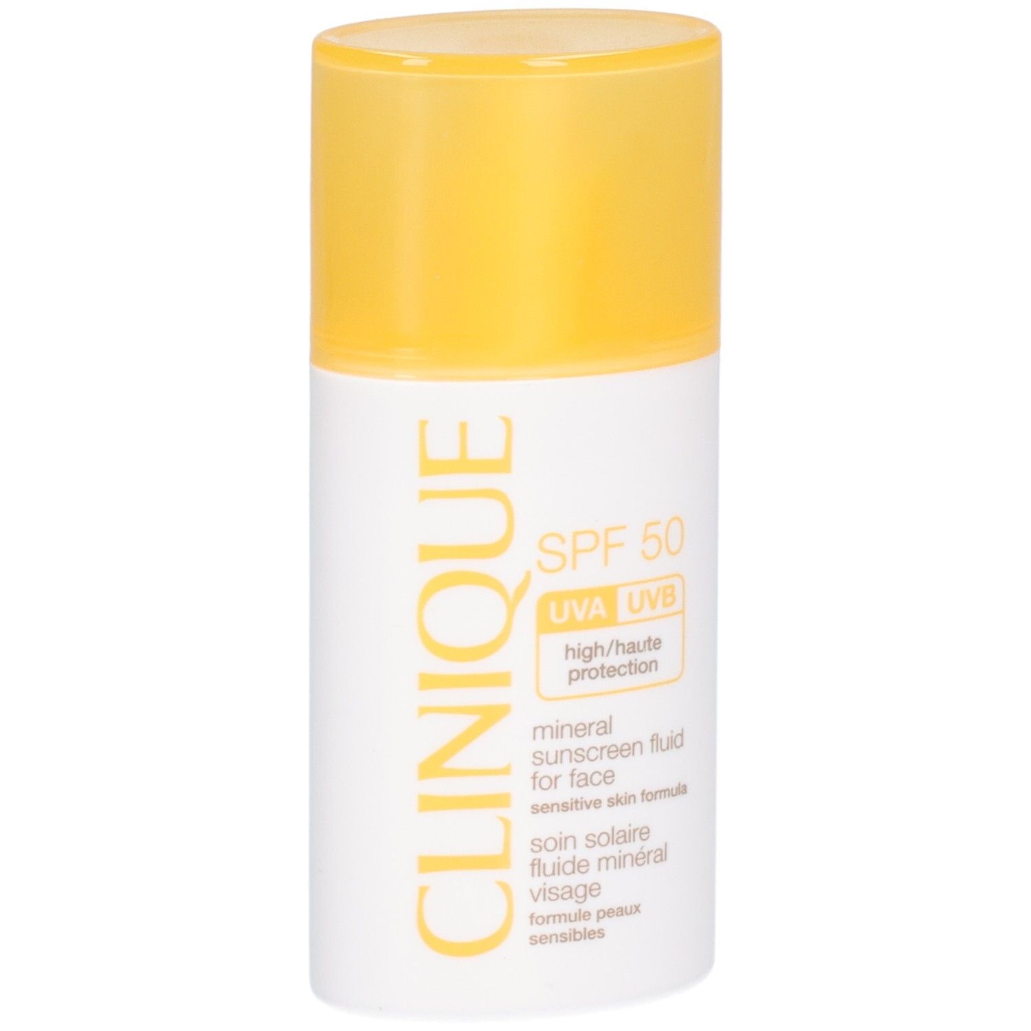 Weiß-gelbe Flasche mit SPF 50. Text: CLINIQUE, mineral sunscreen fluid for face, SPF 50. Gelber Deckel.