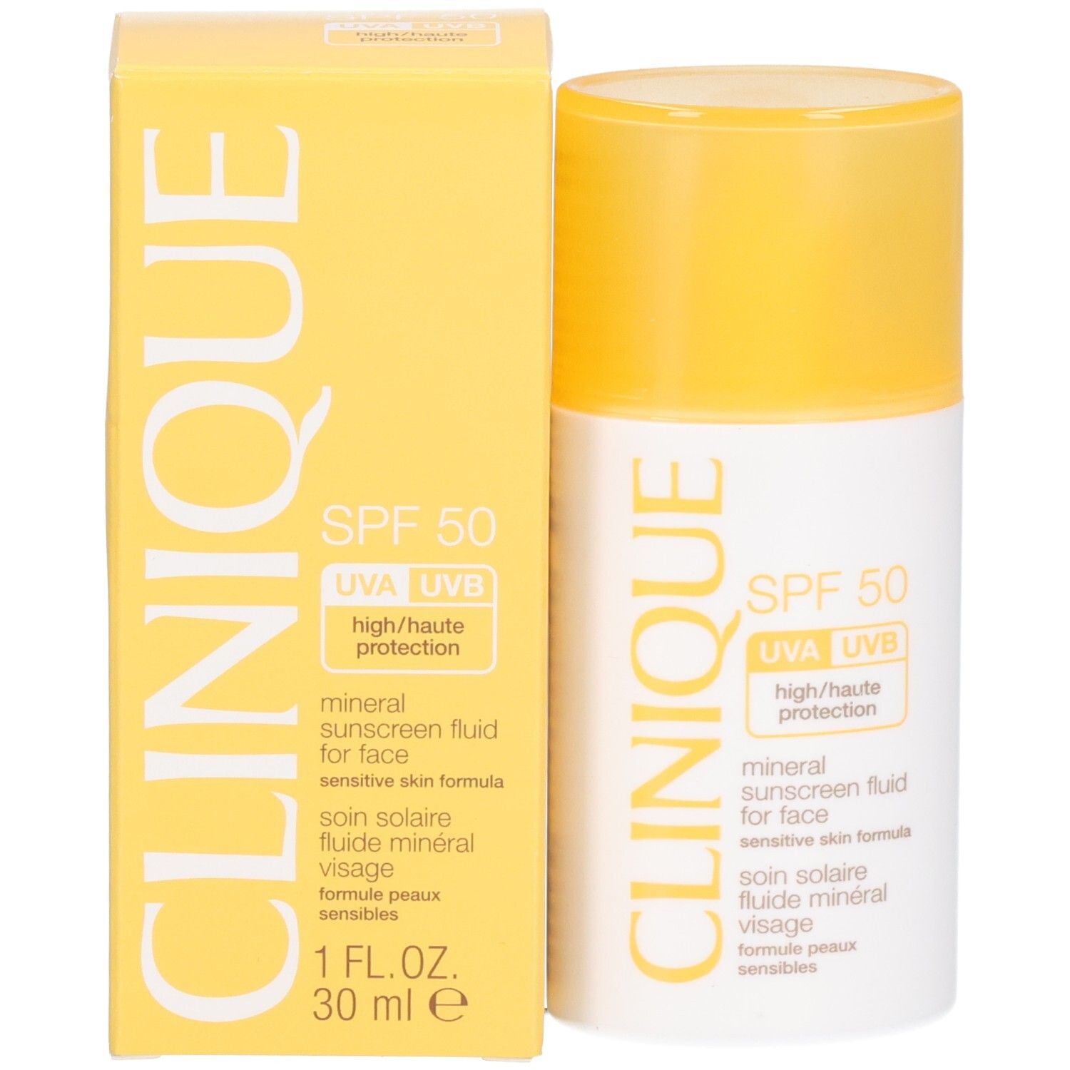 Weiß-gelbe Flasche und Schachtel. Text: CLINIQUE, mineral sunscreen fluid for face, SPF 50. Gelber Deckel.