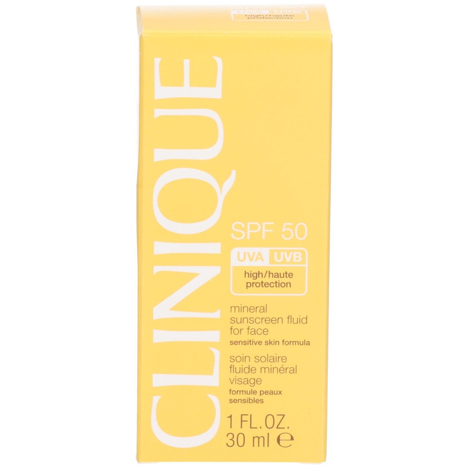 Gelbe Schachtel mit Text. Text: CLINIQUE, mineral sunscreen fluid for face, SPF 50. 30 ml.