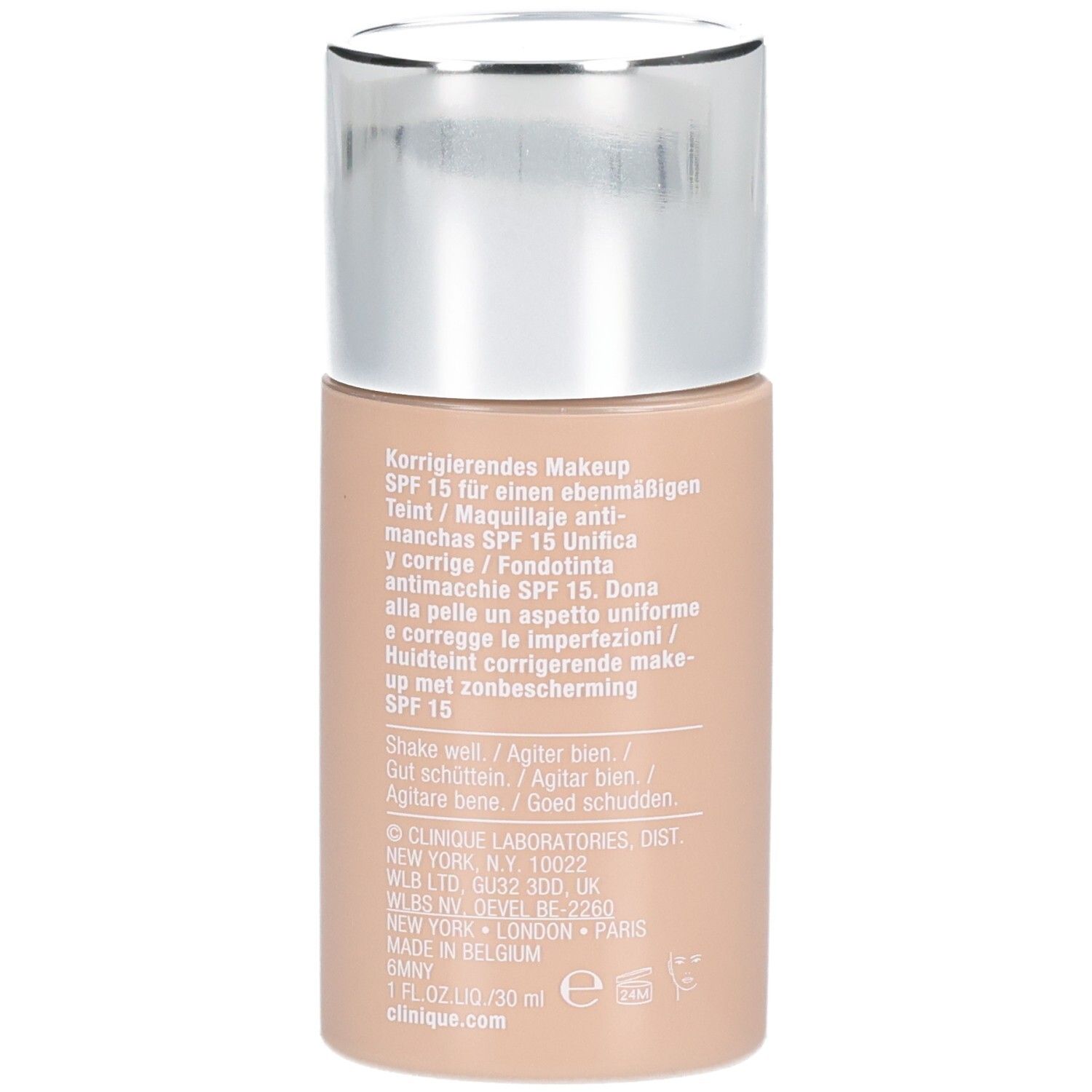 Rückseite der Clinique Even Better™ Makeup SPF15 Flasche. Produktinformationen in mehreren Sprachen.