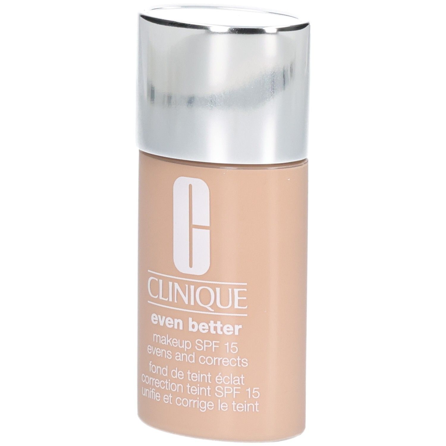 Clinique Even Better™ Makeup SPF15 Flasche. Beige Farbton, silberner Deckel. Logo und Produktbezeichnung.
