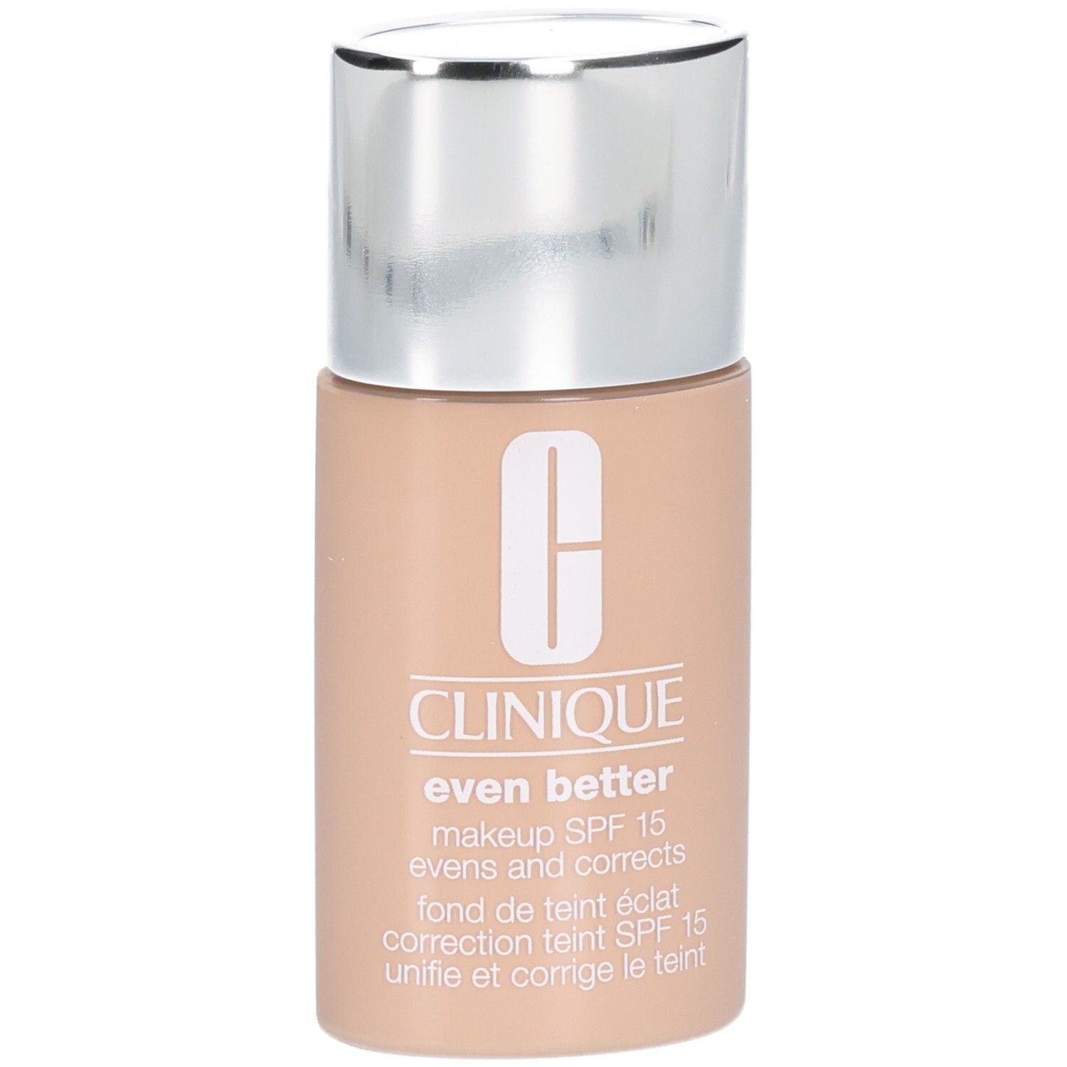 Clinique Even Better™ Makeup SPF15 Flasche. Beige Farbton, silberner Deckel. Logo und Produktbezeichnung.
