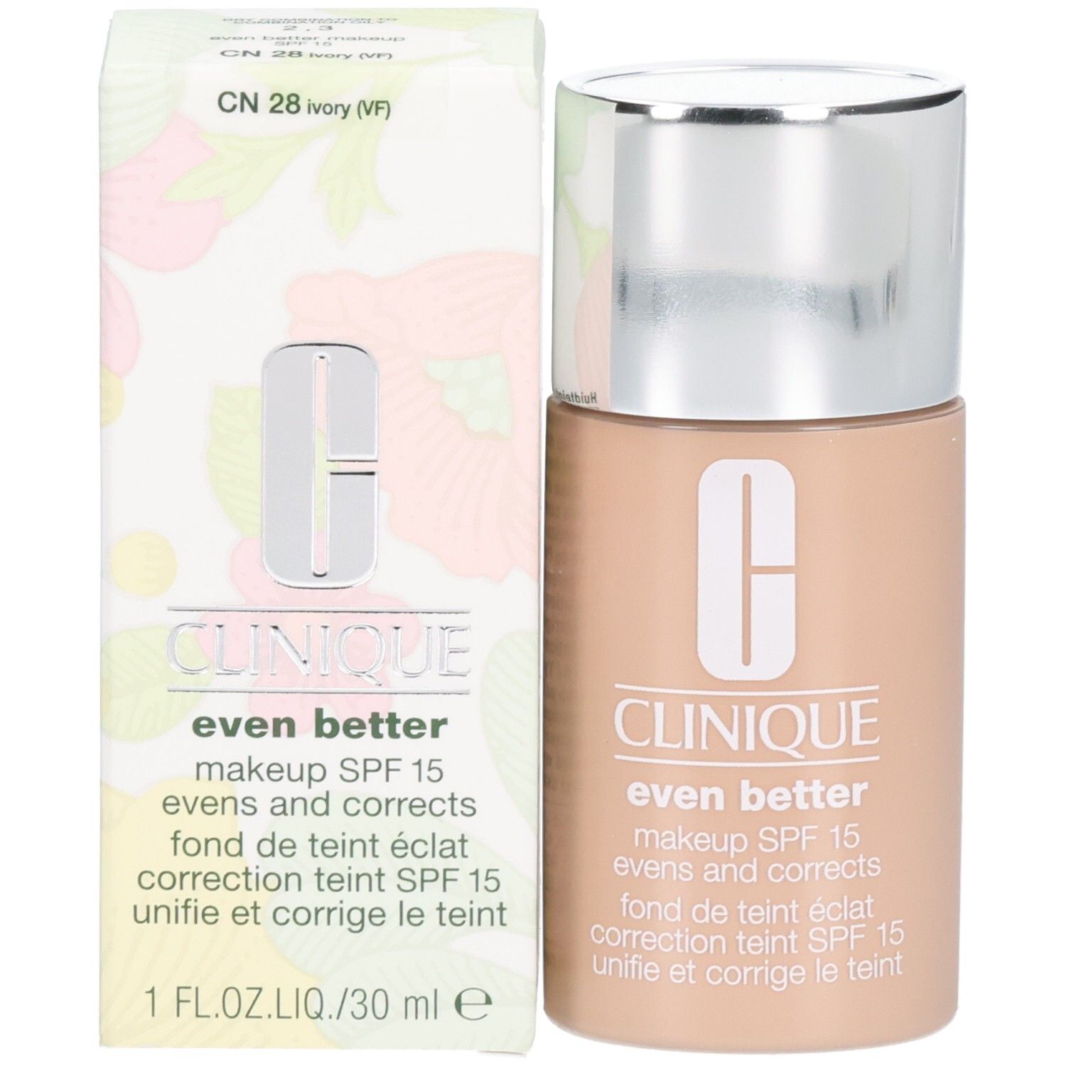 Clinique Even Better™ Makeup SPF15 und Verpackung. Beige Farbton, silberner Deckel. Produktinformationen.