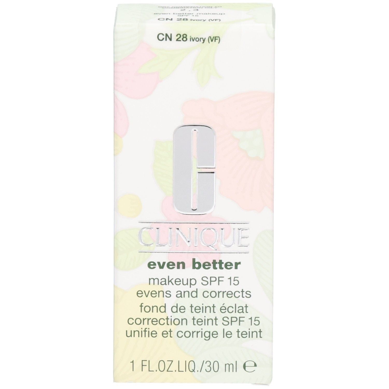 Verpackung Clinique Even Better™ Makeup SPF15. Beige Farbton, Logo und Produktbezeichnung. CN 28 Ivory.
