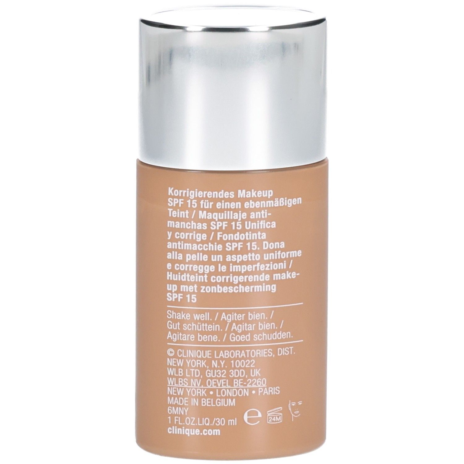 Rückseite der Clinique Even Better Makeup SPF 15 Flasche in Sandfarbe mit Produktinformationen.