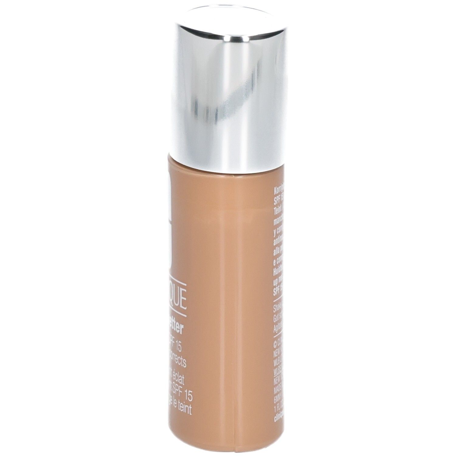 Clinique Even Better Makeup SPF 15, Sandfarben. Seitenansicht der Flasche mit silbernem Deckel.