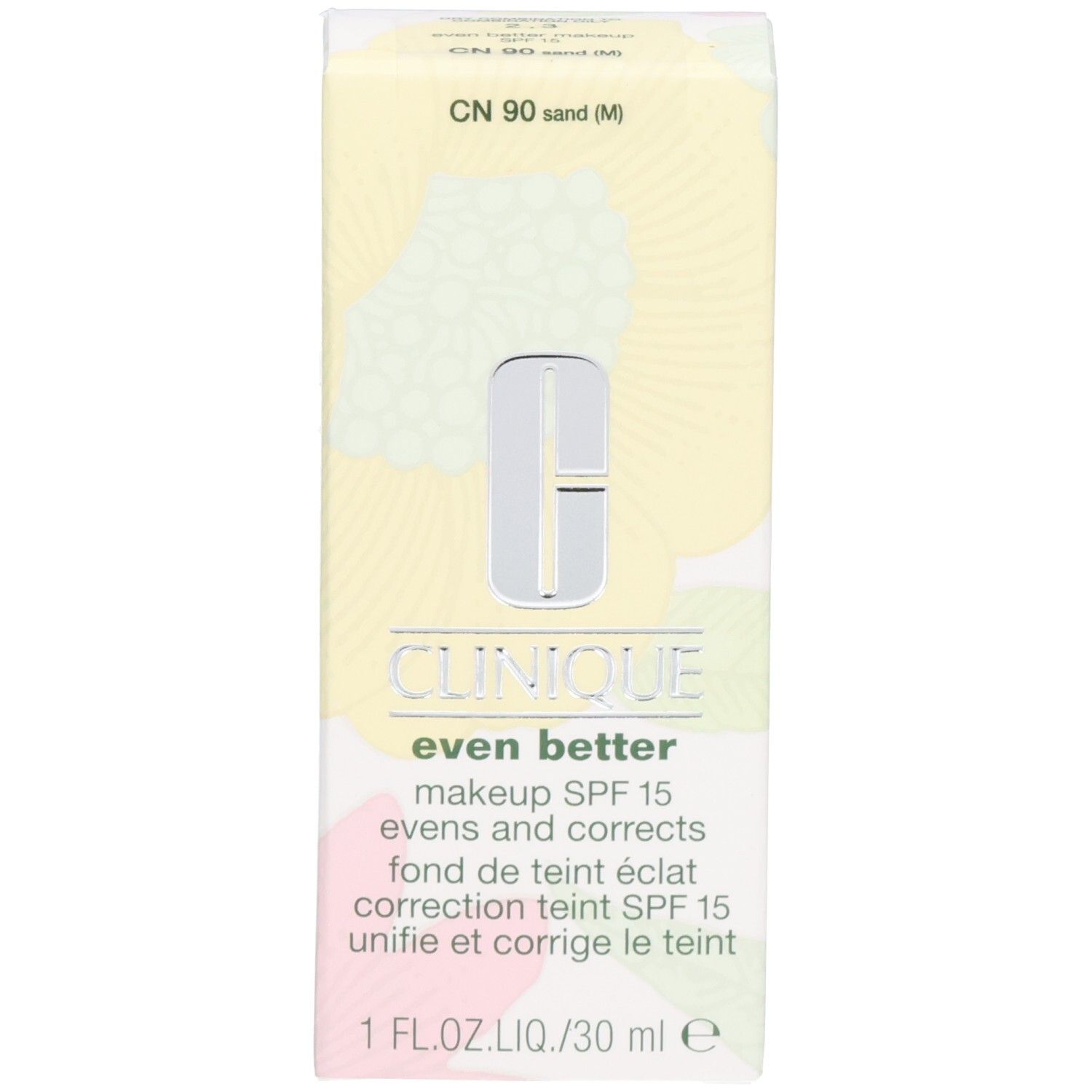 Verpackung von Clinique Even Better Makeup SPF 15, Sandfarben, mit floralem Design.