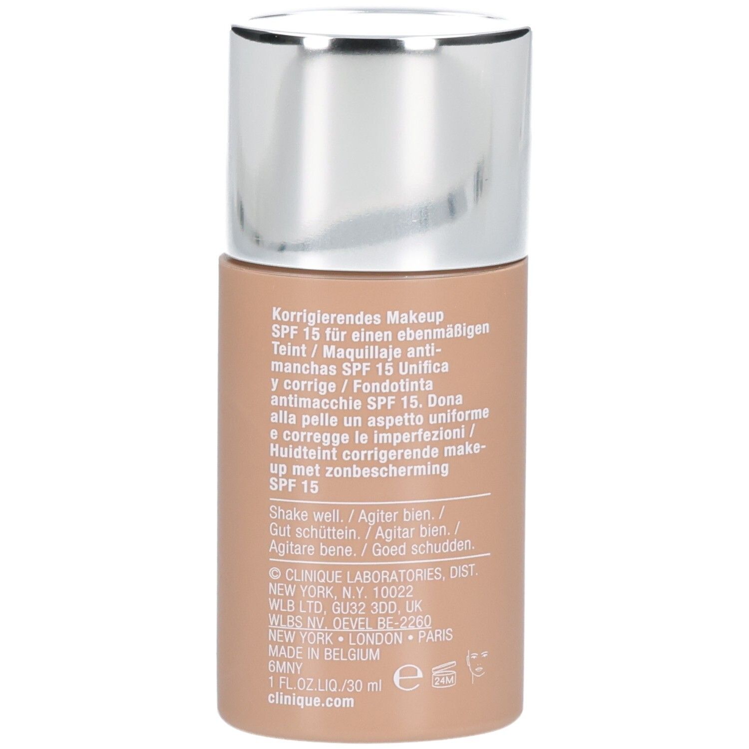 Beige Foundation-Flasche mit silbernem Deckel. Enthält 30 ml. Marke: Clinique.