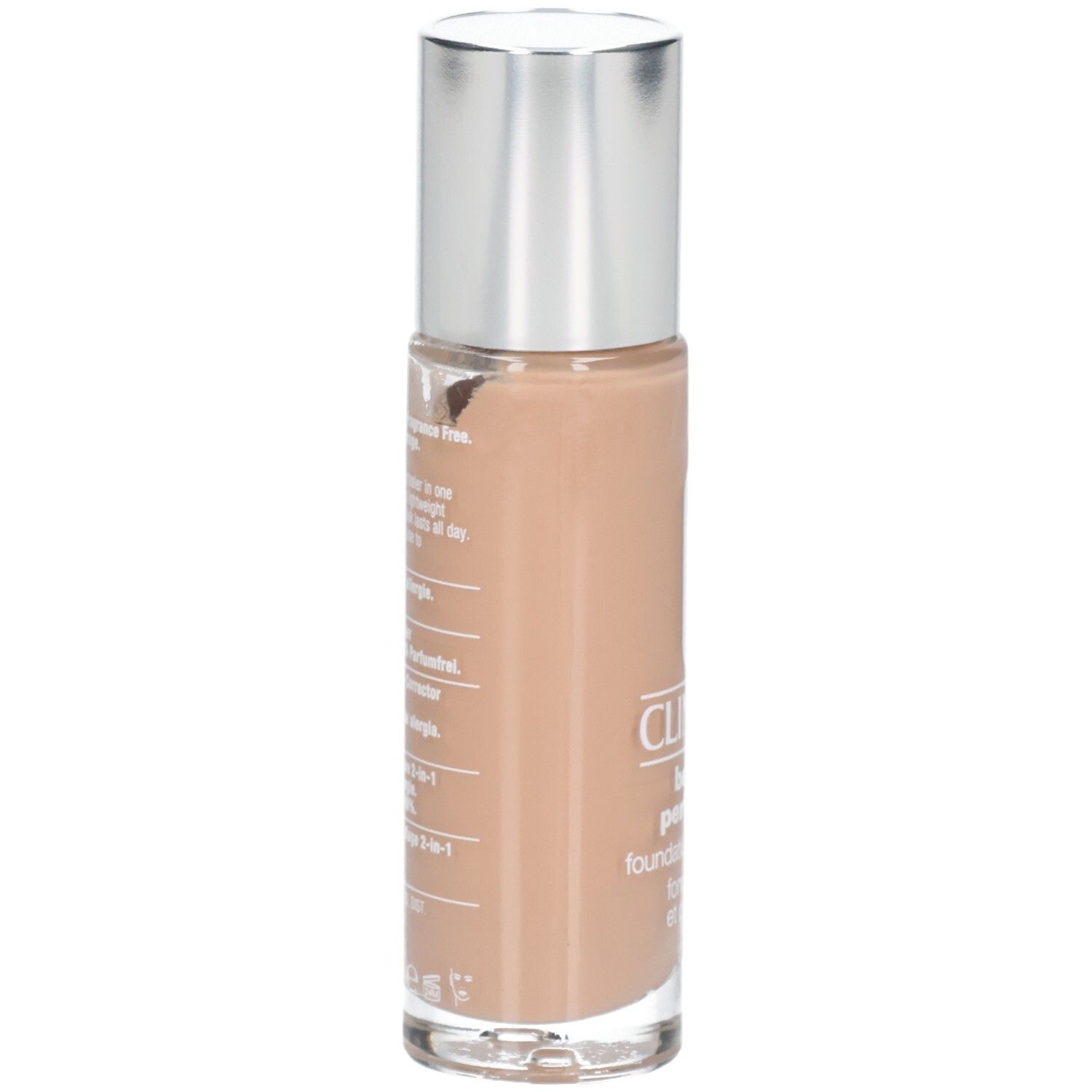 Rückseite der Make-up-Flasche. Text: Allergy Tested. 100% Fragrance Free. Foundation + Concealer. 2-in-1.