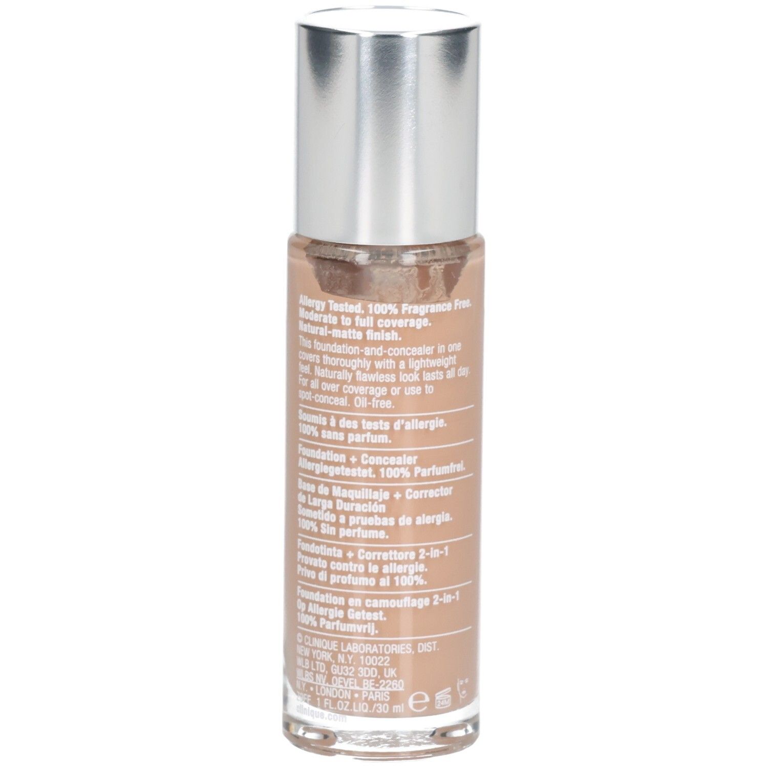 Rückseite der Make-up-Flasche. Text: Allergy Tested. 100% Fragrance Free. Foundation + Concealer. 2-in-1.