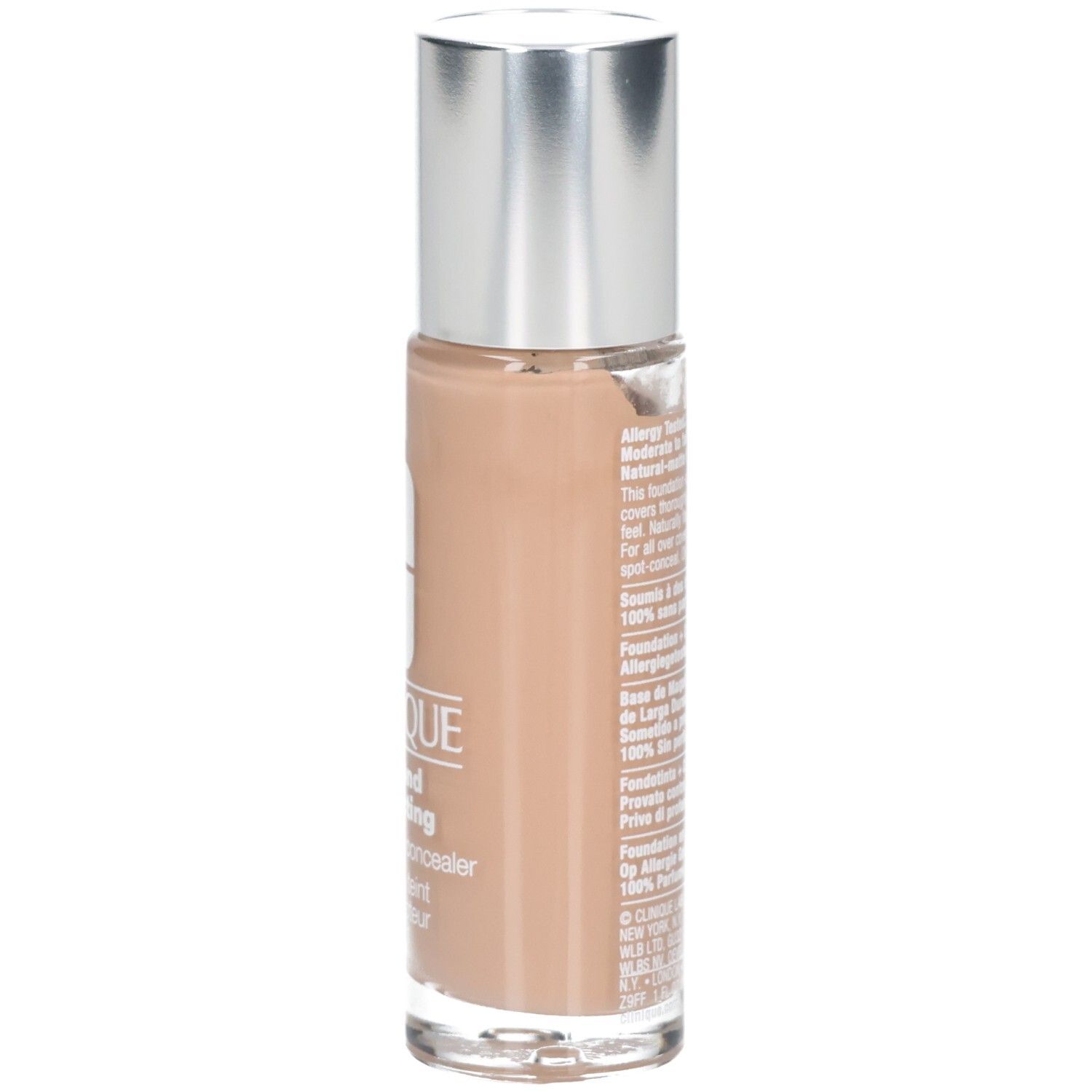 Flüssiges Make-up mit silbernem Deckel. Aufschrift: Clinique, beyond perfecting, foundation + concealer, fond de teint et correcteur 2 en 1.