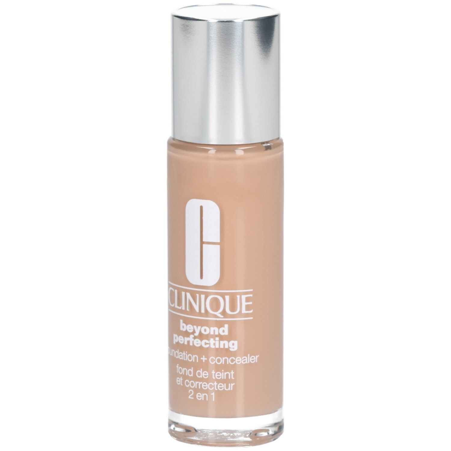 Flüssiges Make-up mit silbernem Deckel. Aufschrift: Clinique, beyond perfecting, foundation + concealer, fond de teint et correcteur 2 en 1.