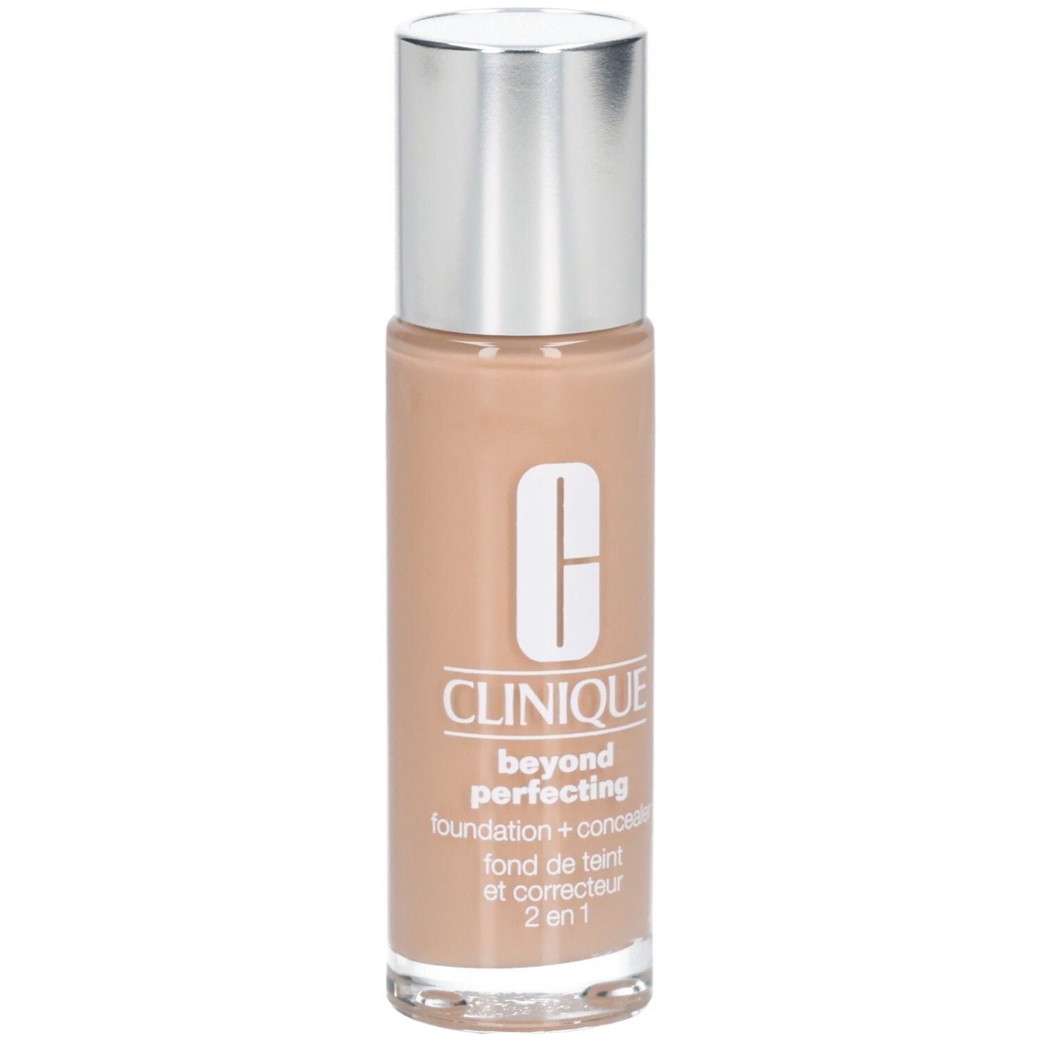 Flüssiges Make-up mit silbernem Deckel. Aufschrift: Clinique, beyond perfecting, foundation + concealer, fond de teint et correcteur 2 en 1.