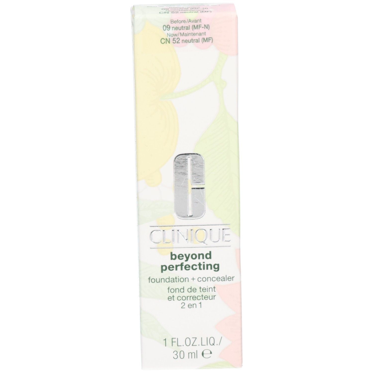 Verpackung für Make-up. Aufschrift: Clinique, beyond perfecting, foundation + concealer, fond de teint et correcteur 2 en 1.