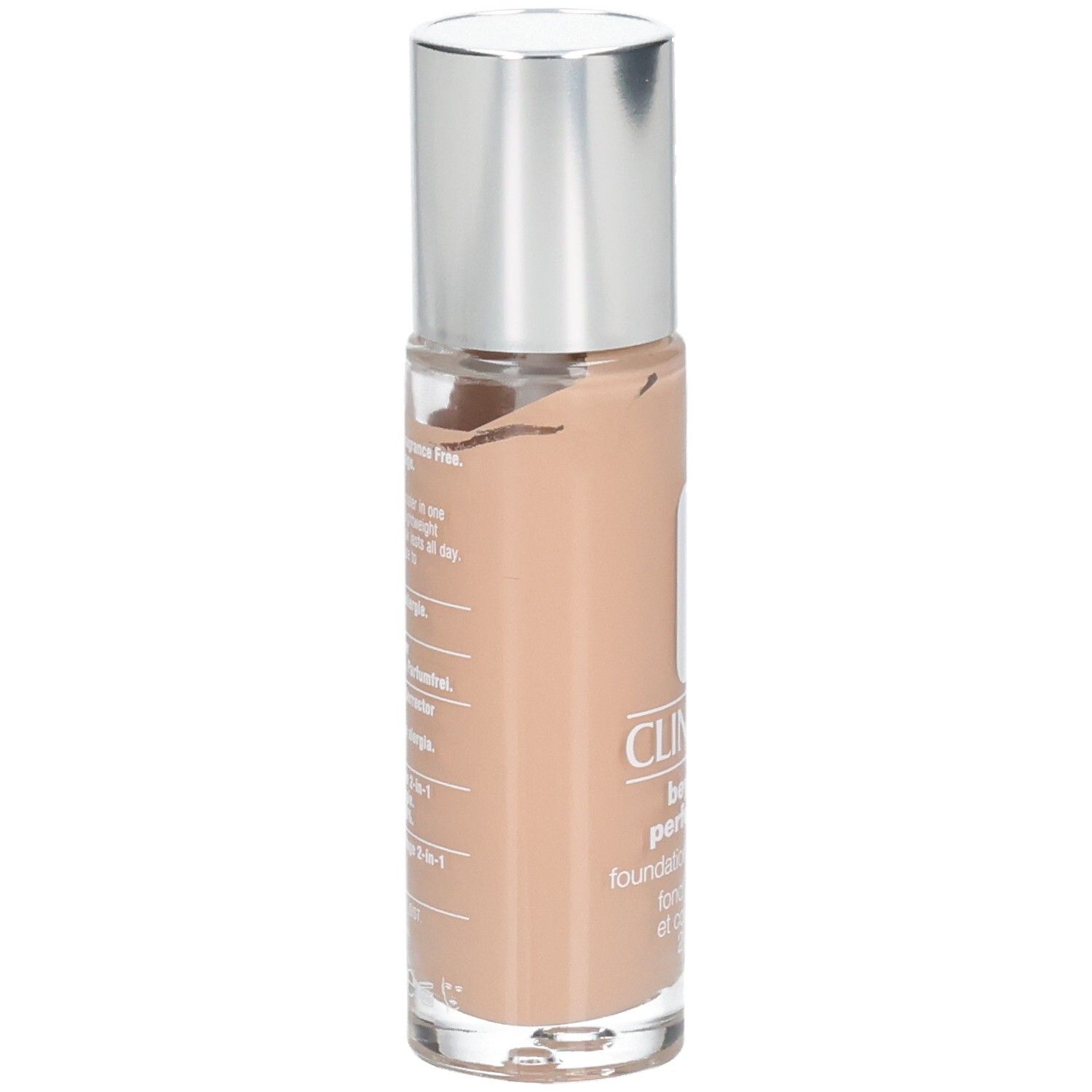 Beige Foundation-Fläschchen mit silbernem Deckel. Aufschrift: Clinique, beyond perfecting, foundation + concealer, 2 en 1. Rückseite mit Text.