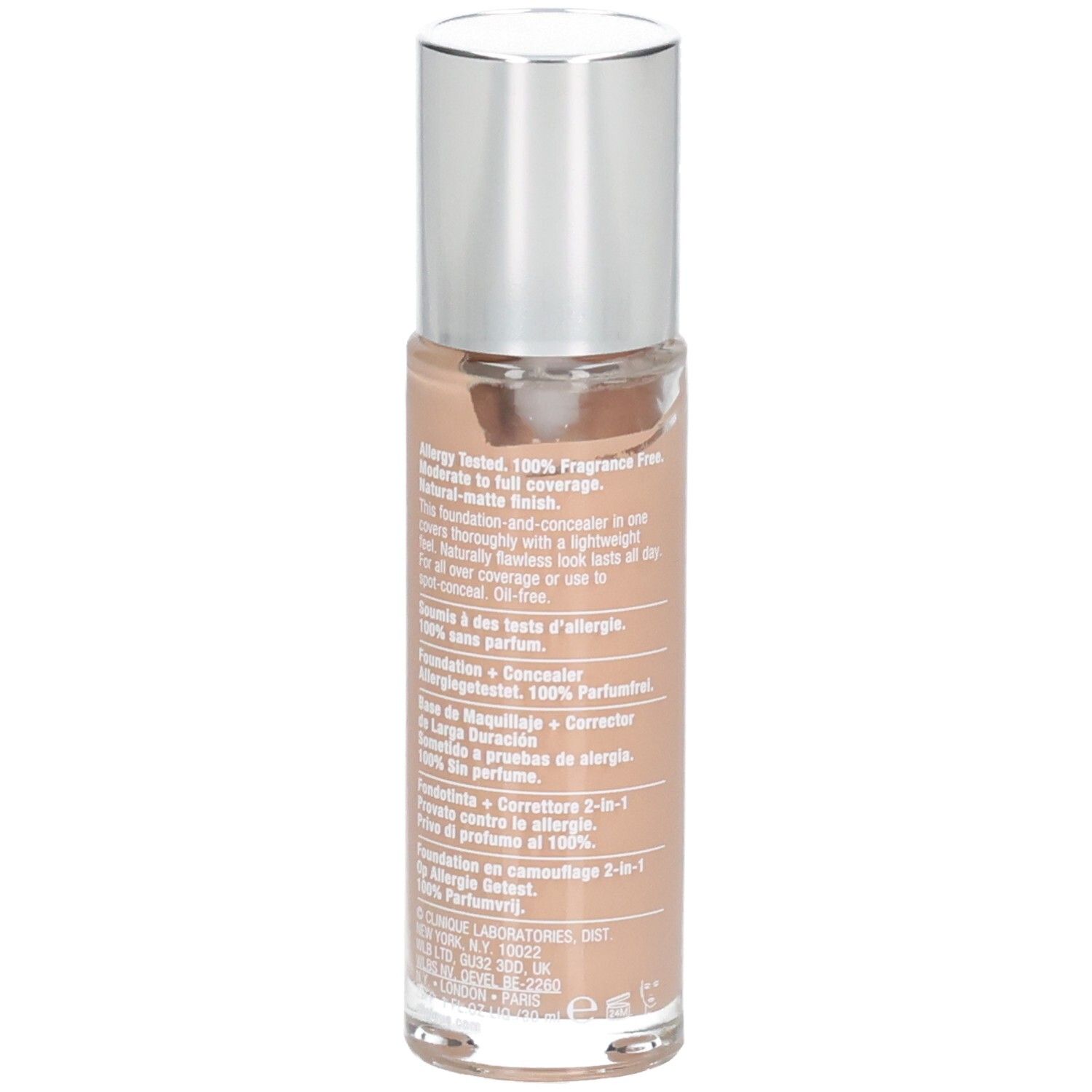 Beige Foundation-Fläschchen mit silbernem Deckel. Rückseite mit Text. Aufschrift: Clinique, beyond perfecting, foundation + concealer, 2 en 1.