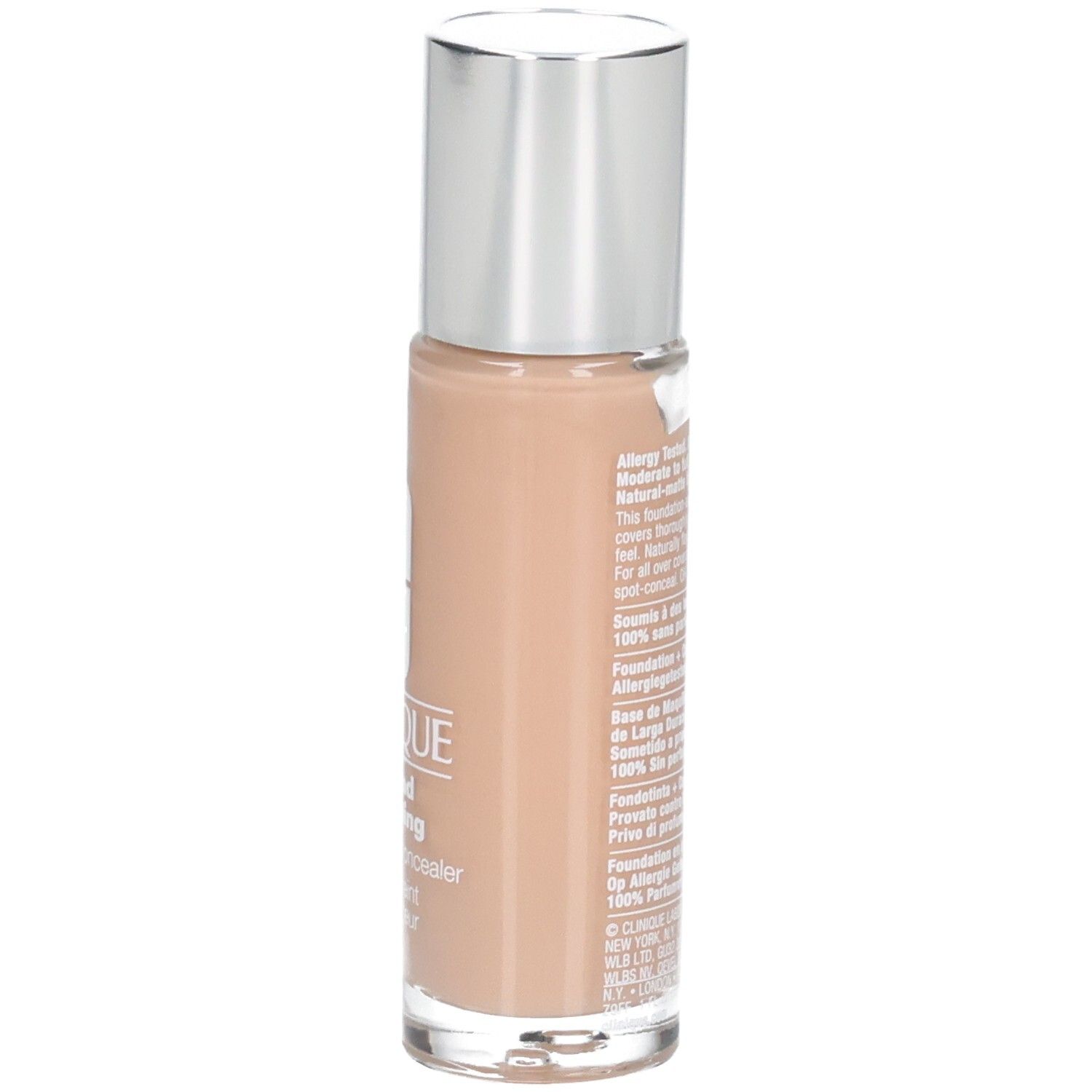 Beige Foundation-Fläschchen mit silbernem Deckel. Rückseite mit Text. Aufschrift: Clinique, beyond perfecting, foundation + concealer, 2 en 1.