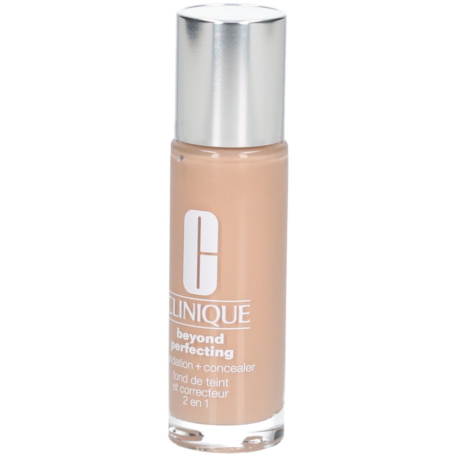 Beige Foundation-Fläschchen mit silbernem Deckel. Aufschrift: Clinique, beyond perfecting, foundation + concealer, 2 en 1.