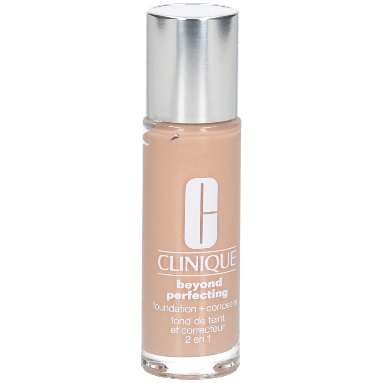 Beige Foundation-Fläschchen mit silbernem Deckel. Aufschrift: Clinique, beyond perfecting, foundation + concealer, 2 en 1.