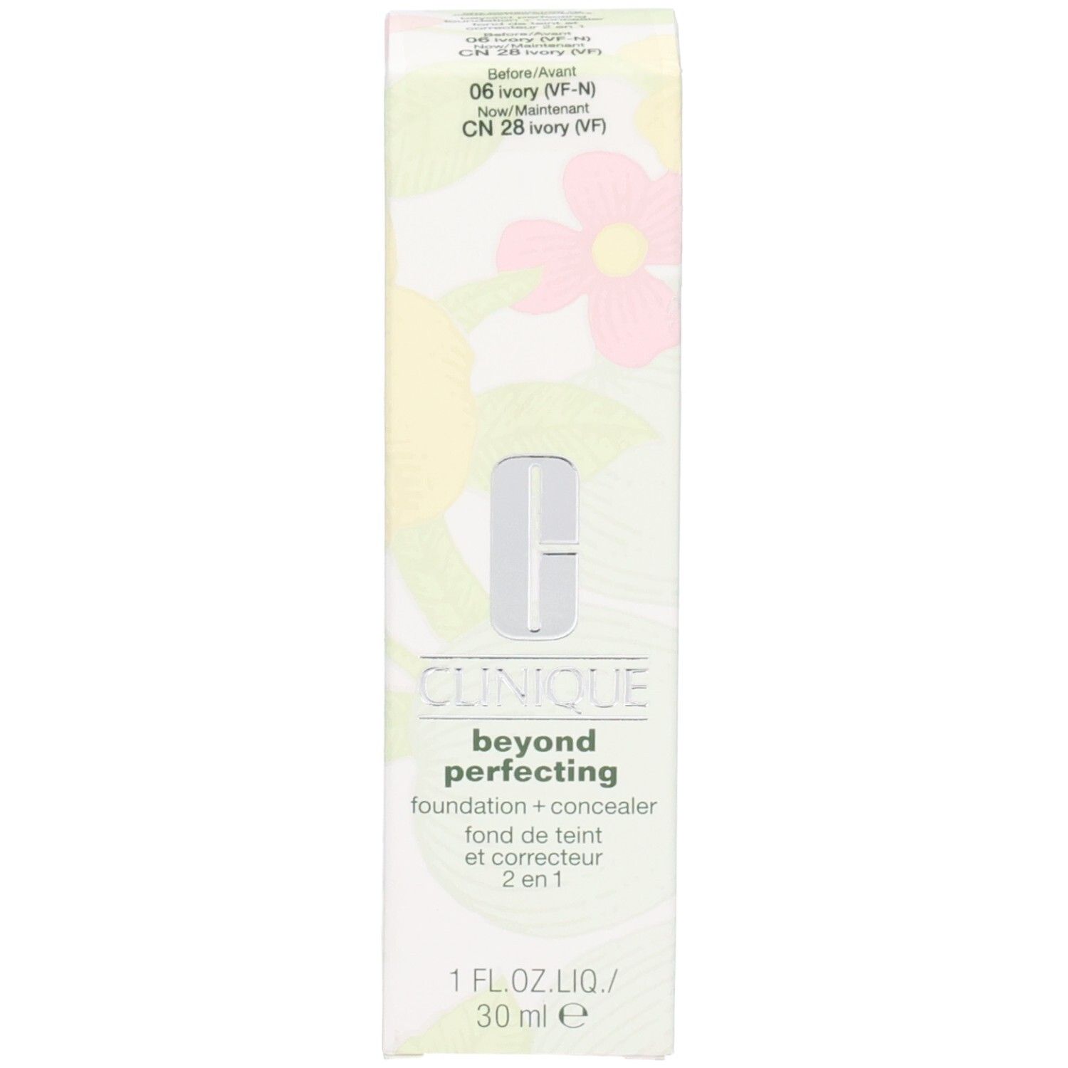 Verpackung mit Aufschrift: Clinique, beyond perfecting, foundation + concealer, 2 en 1. Farbton: CN 28 Ivory.