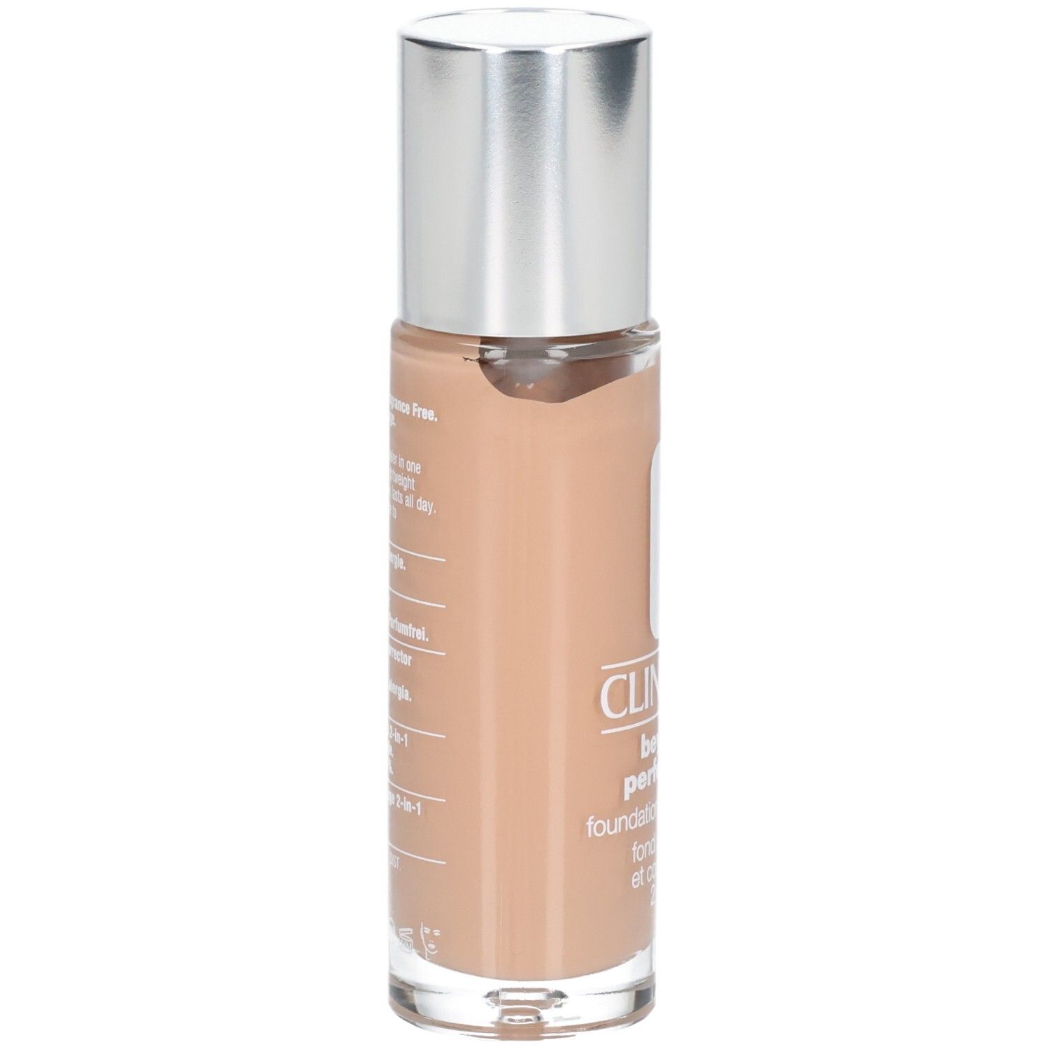 Clinique Beyond Perfecting Foundation. Rückseite der Flasche mit Text. Silberner Deckel.