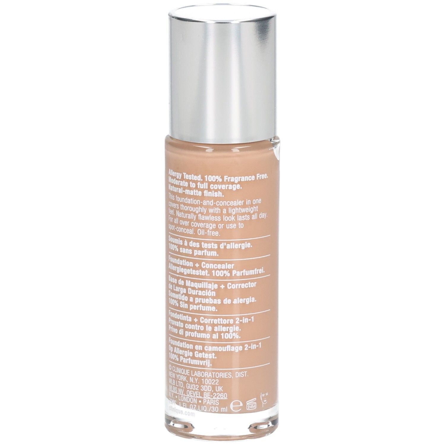 Clinique Beyond Perfecting Foundation. Rückseite der Flasche mit Text. Silberner Deckel.