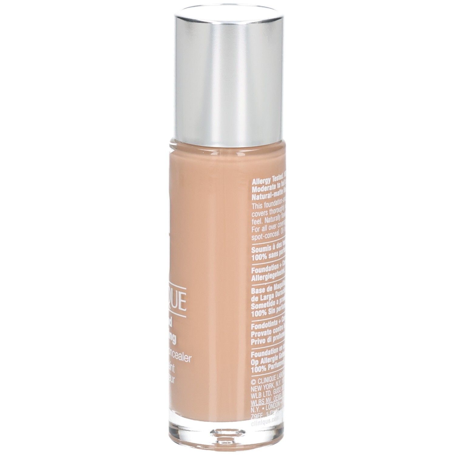 Clinique Beyond Perfecting Foundation. Rückseite der Flasche mit Text. Silberner Deckel.