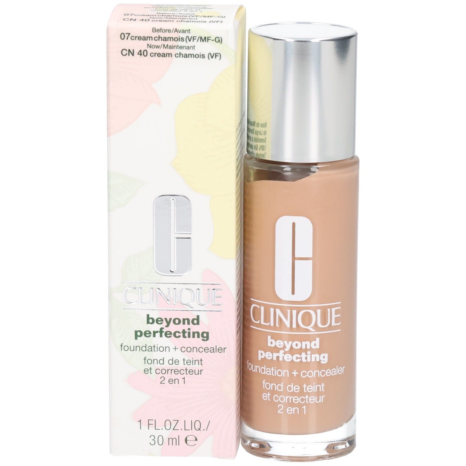 Clinique Beyond Perfecting Foundation und Verpackung. Flasche und Karton. Produktname und Logo sichtbar.