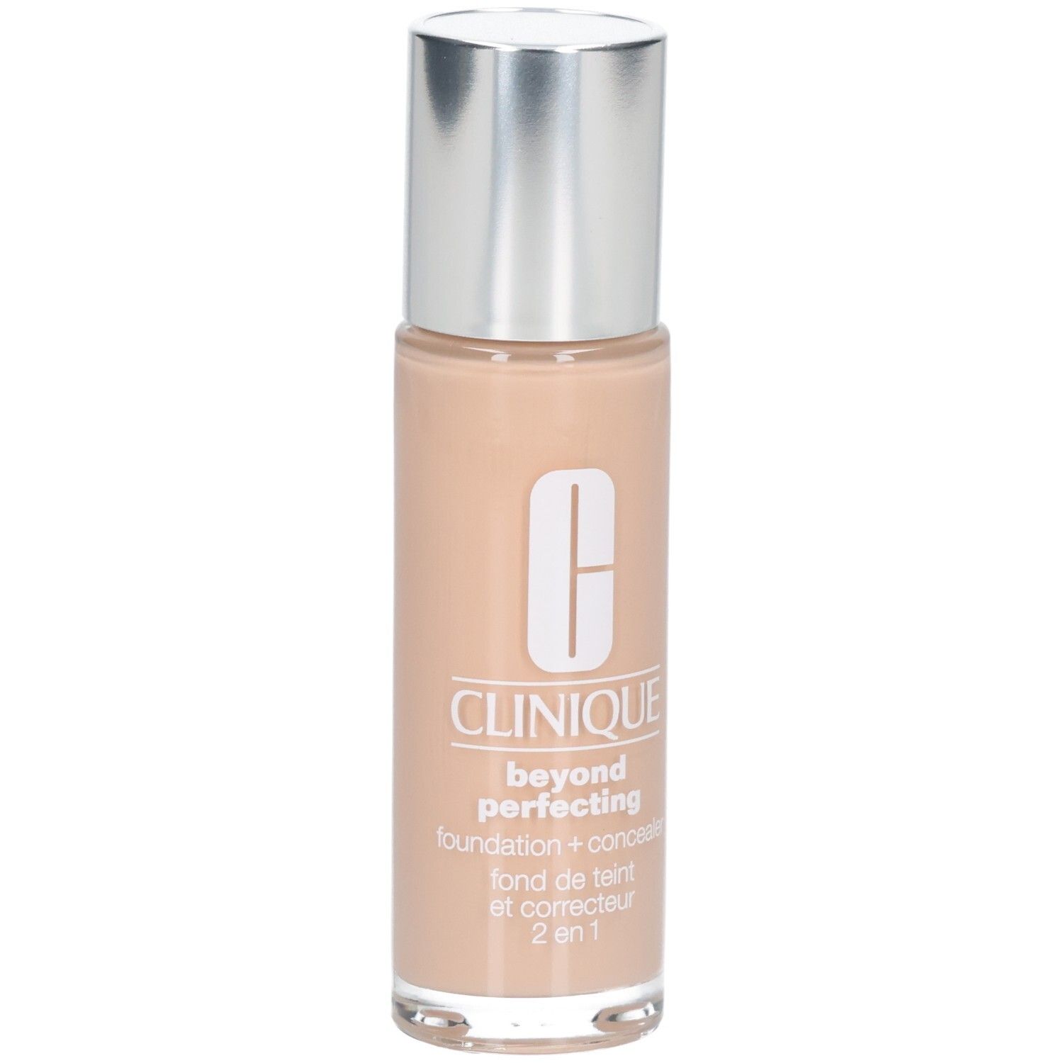 Clinique Foundation mit Verpackung. Flasche und Karton. Produktname und Logo deutlich sichtbar.