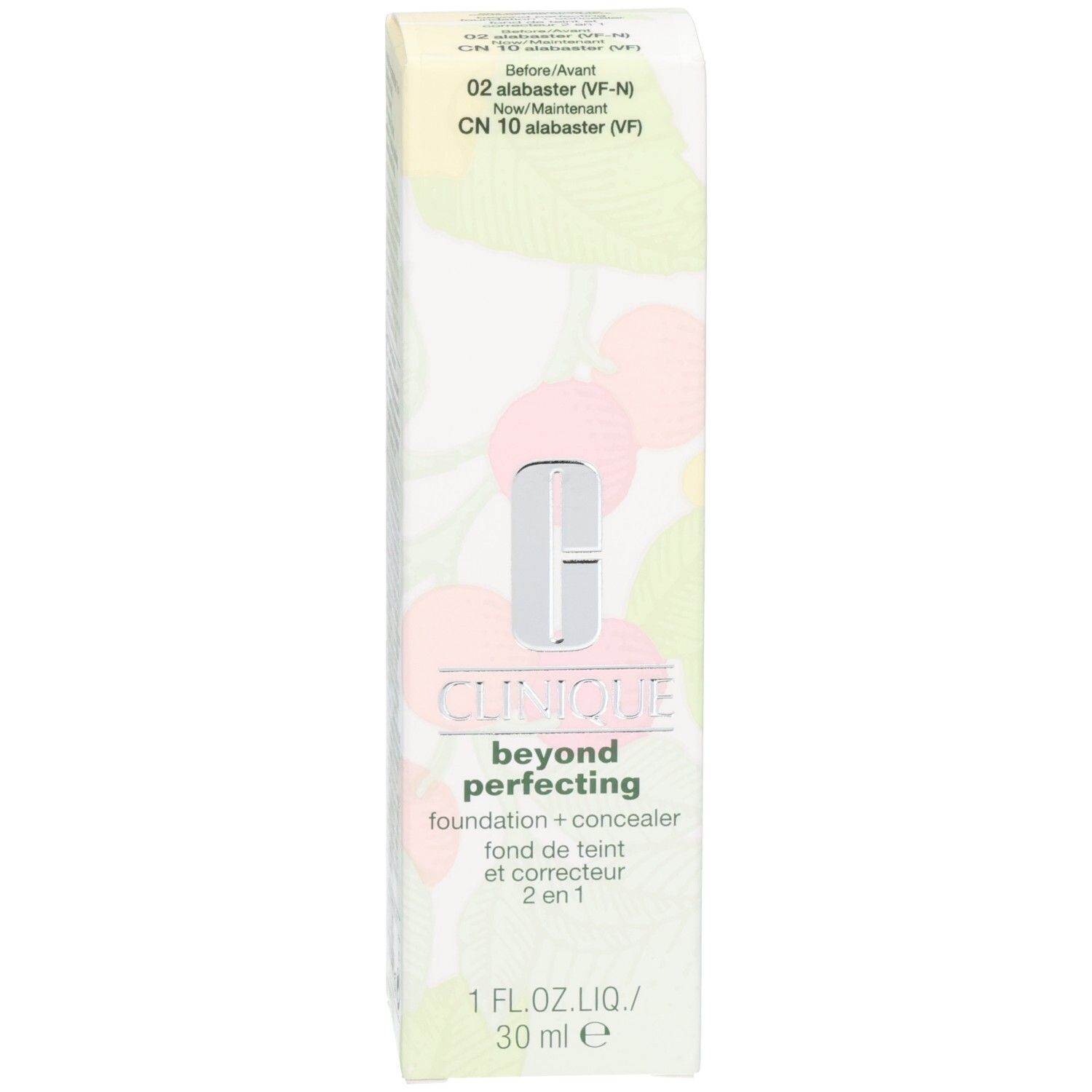 Clinique Beyond Perfecting Foundation. Beige Flasche mit silbernem Deckel. Produktname und Logo deutlich sichtbar.