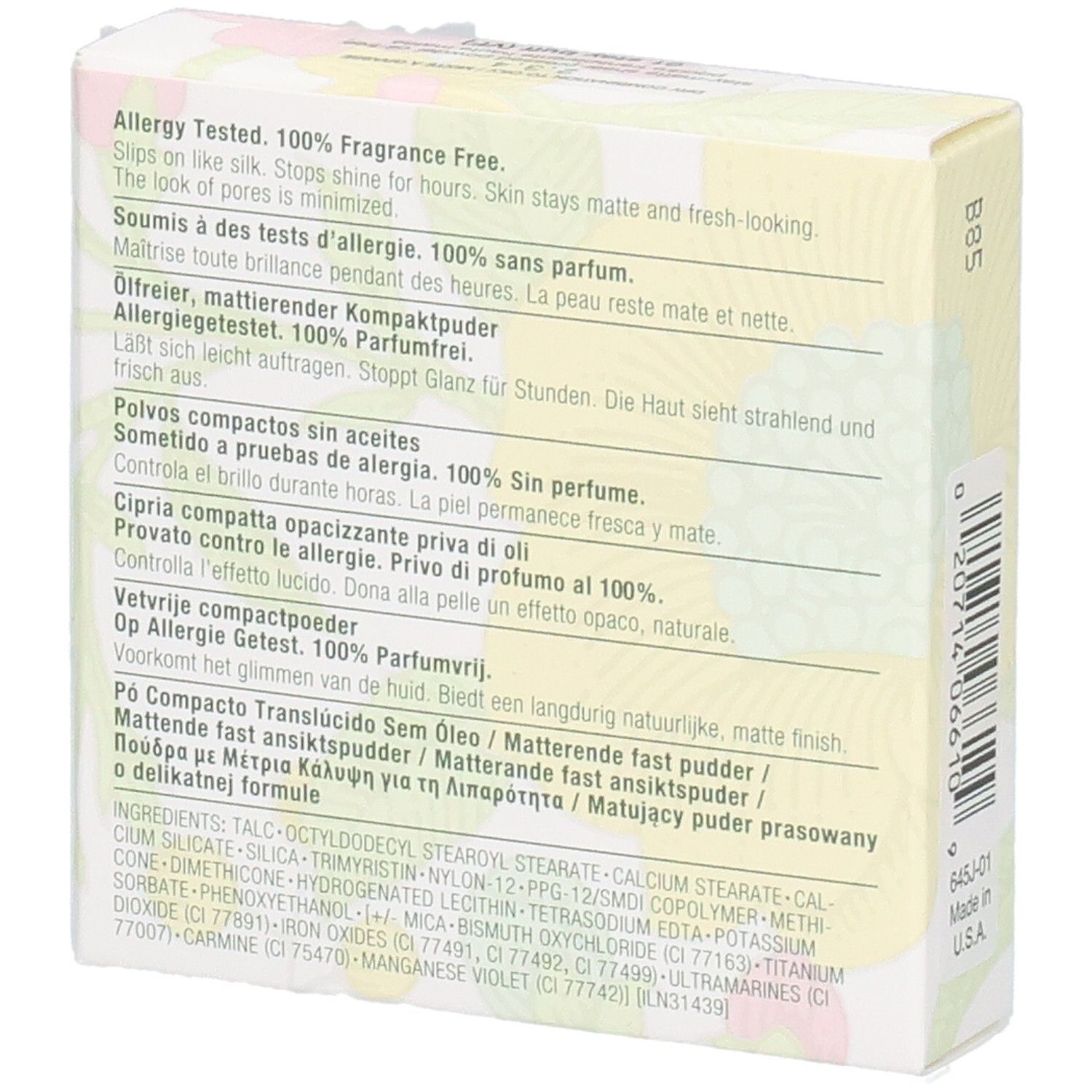 Clinique Poudre Transparente Haute Matité 01 Stay Buff. Rückseite der Schachtel mit Produktinformationen und Inhaltsstoffen.